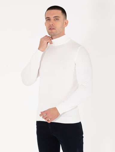 Ekru Slim Fit Yarım Balıkçı Yaka Basic Triko Kazak
