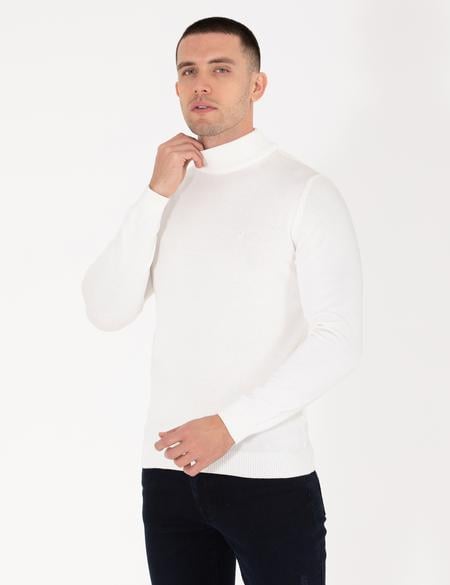 Ekru Slim Fit Yarım Balıkçı Yaka Basic Triko Kazak - 50276161014