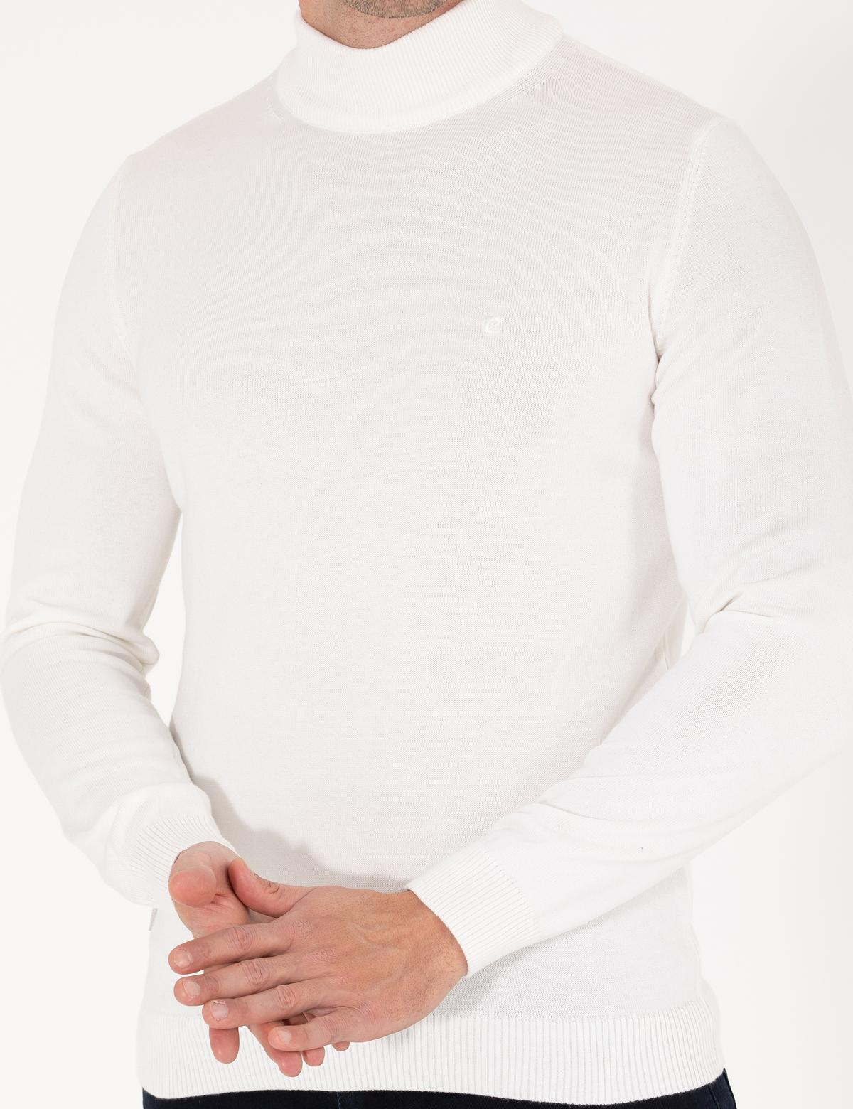 Ekru Slim Fit Yarım Balıkçı Yaka Basic Triko Kazak - 50276161014