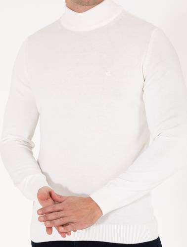 Ekru Slim Fit Yarım Balıkçı Yaka Basic Triko Kazak