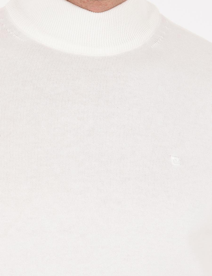 Ekru Slim Fit Yarım Balıkçı Yaka Basic Triko Kazak