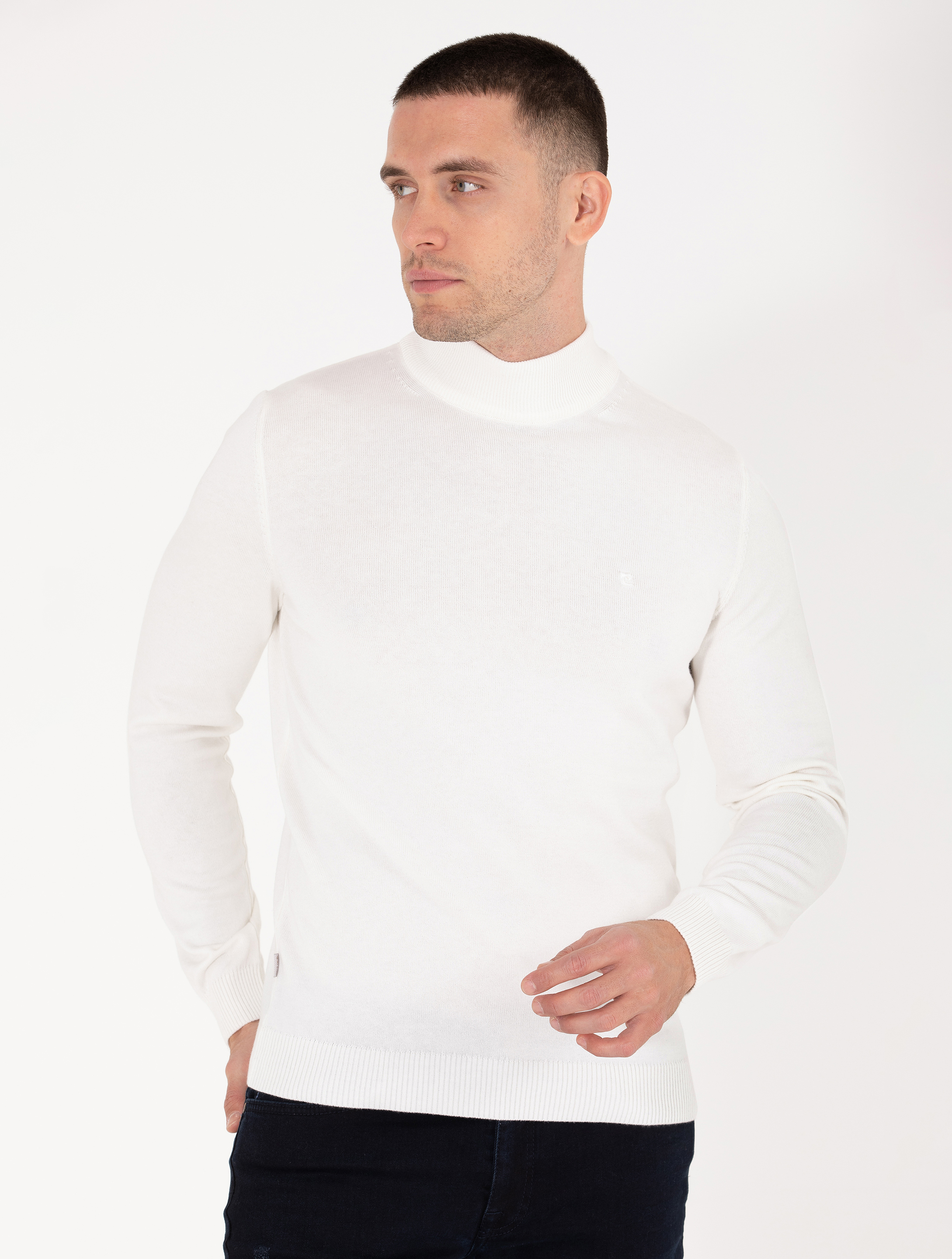 Pierre Cardin Ekru Slim Fit Yarım Balıkçı Yaka Basic Triko Kazak görsel 3