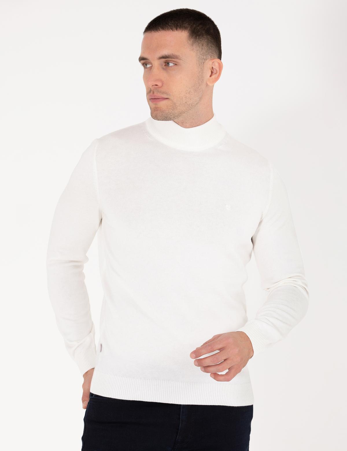 Ekru Slim Fit Yarım Balıkçı Yaka Basic Triko Kazak - 50276161014