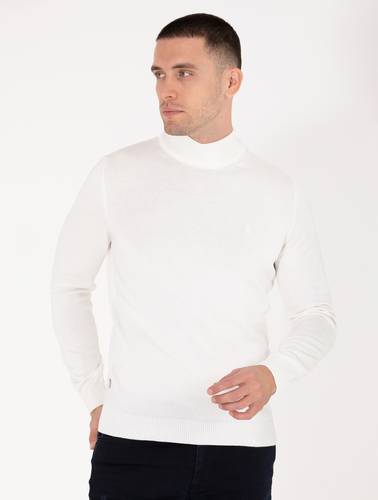 Ekru Slim Fit Yarım Balıkçı Yaka Basic Triko Kazak