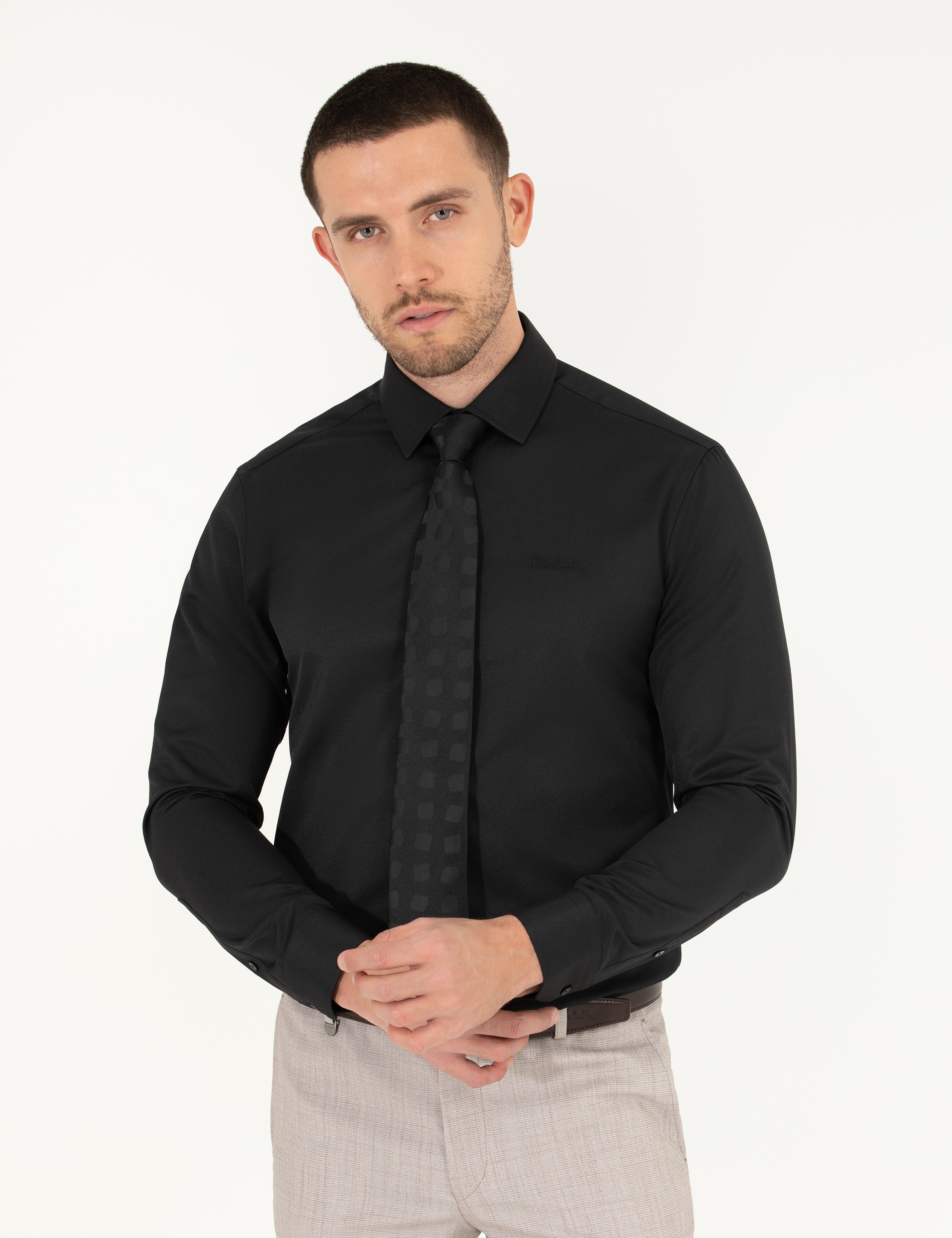 Siyah Slim Fit Uzun Kollu Klasik Gömlek - Image 1