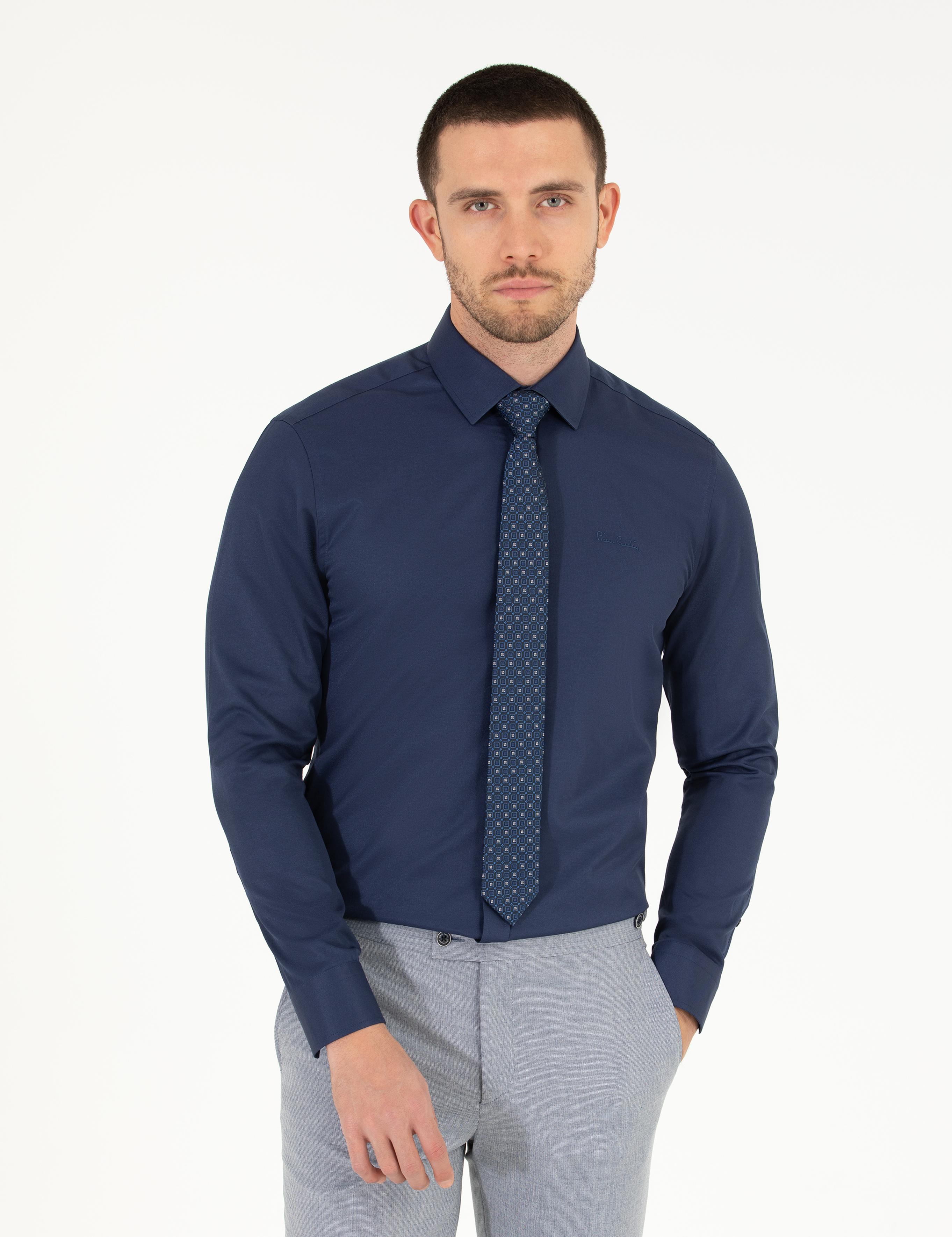 Lacivert Slim Fit Uzun Kollu Klasik Gömlek