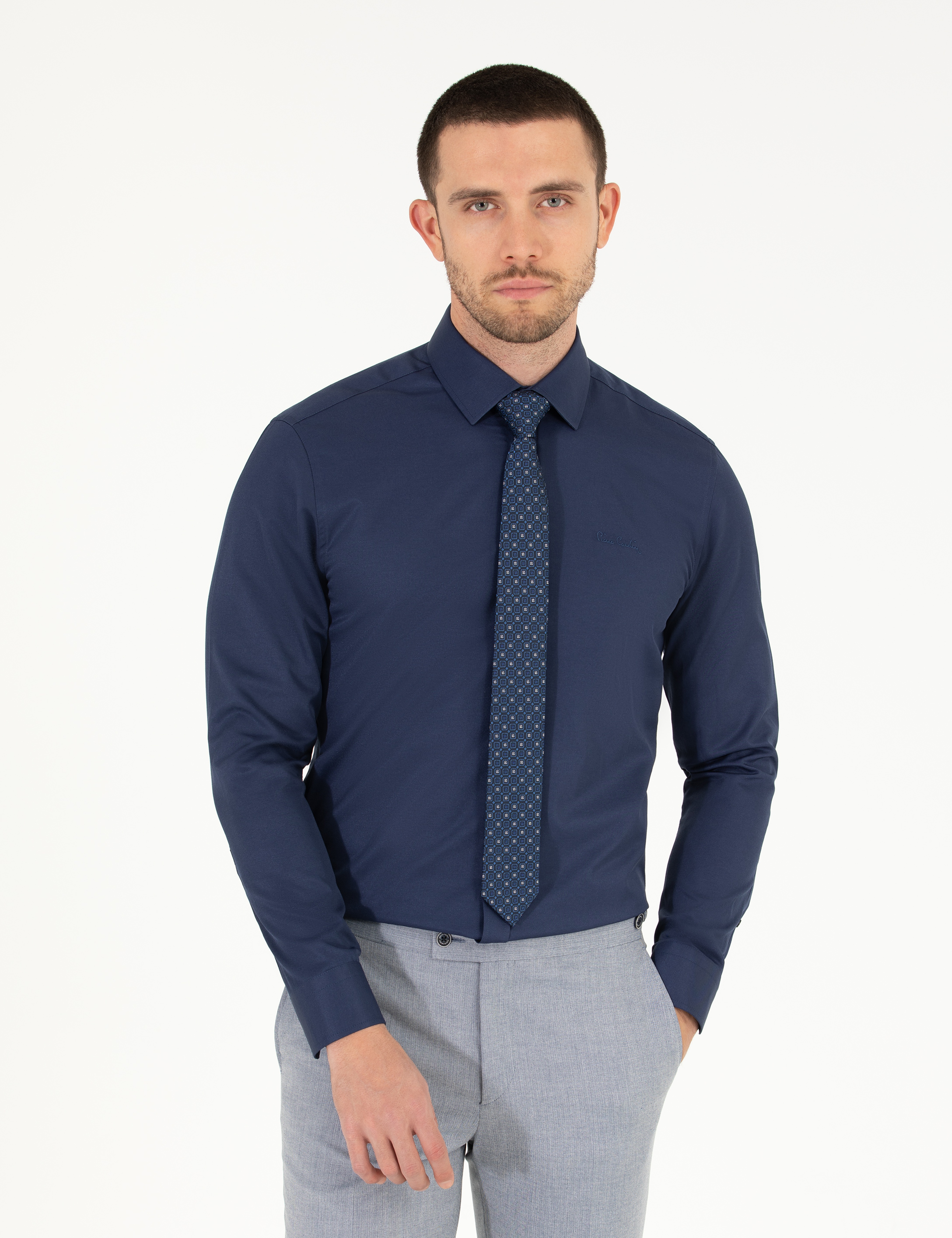 Lacivert Slim Fit Uzun Kollu Klasik Gömlek