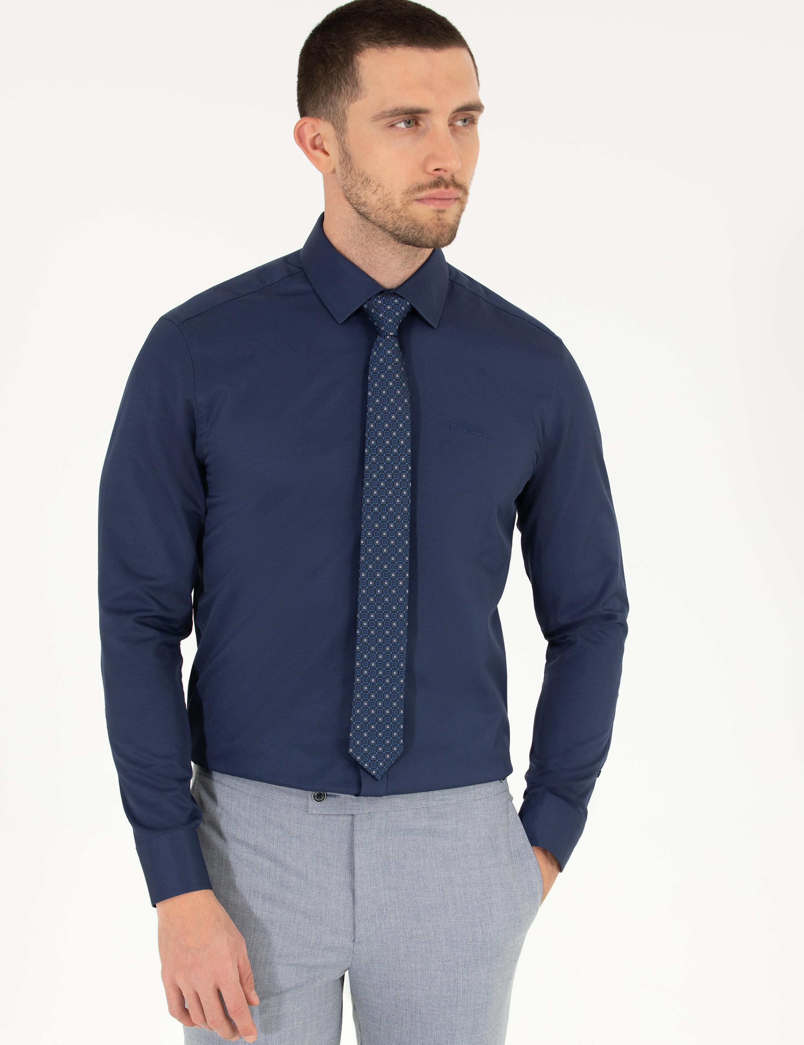 Lacivert Slim Fit Uzun Kollu Klasik Gömlek