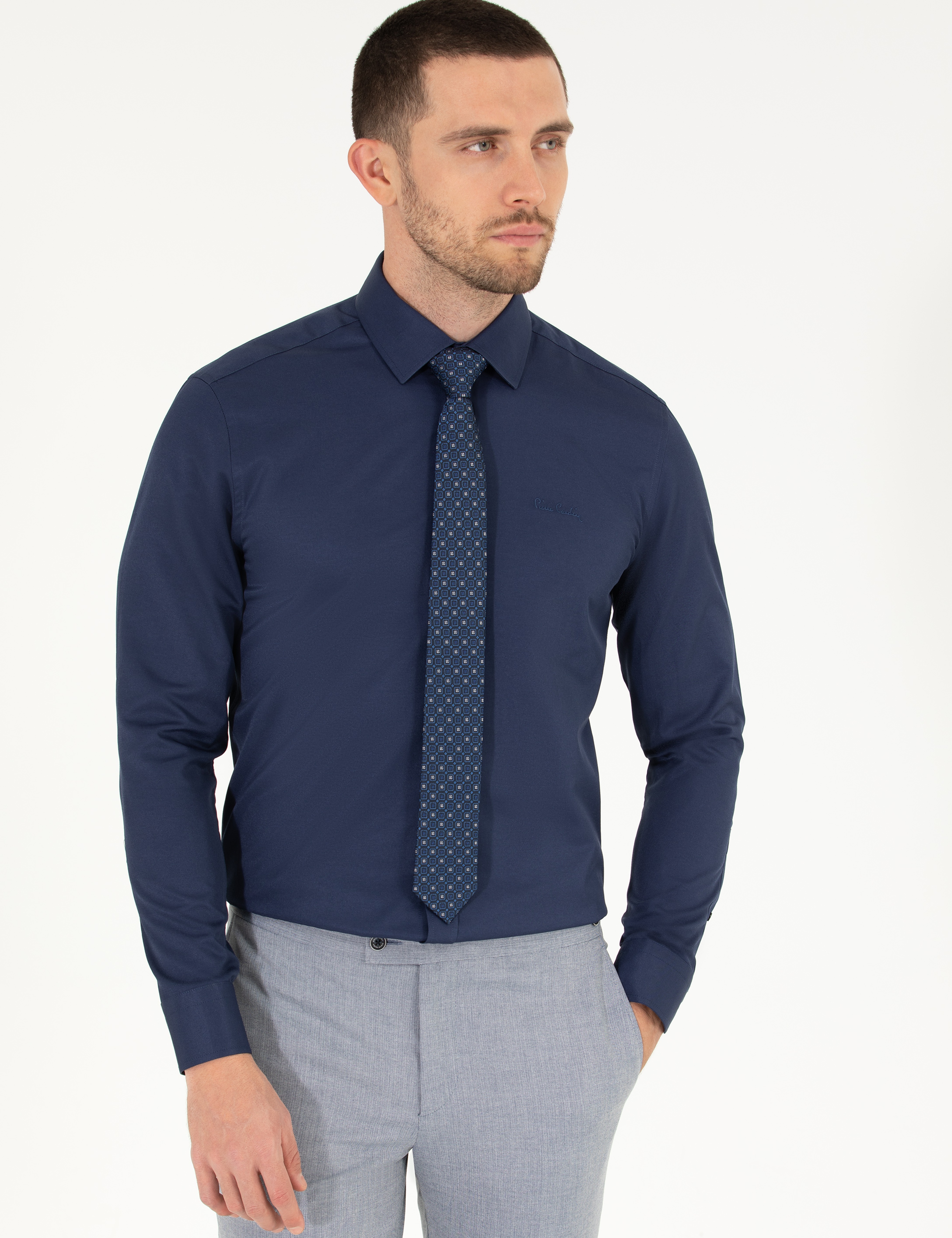 Lacivert Slim Fit Uzun Kollu Klasik Gömlek