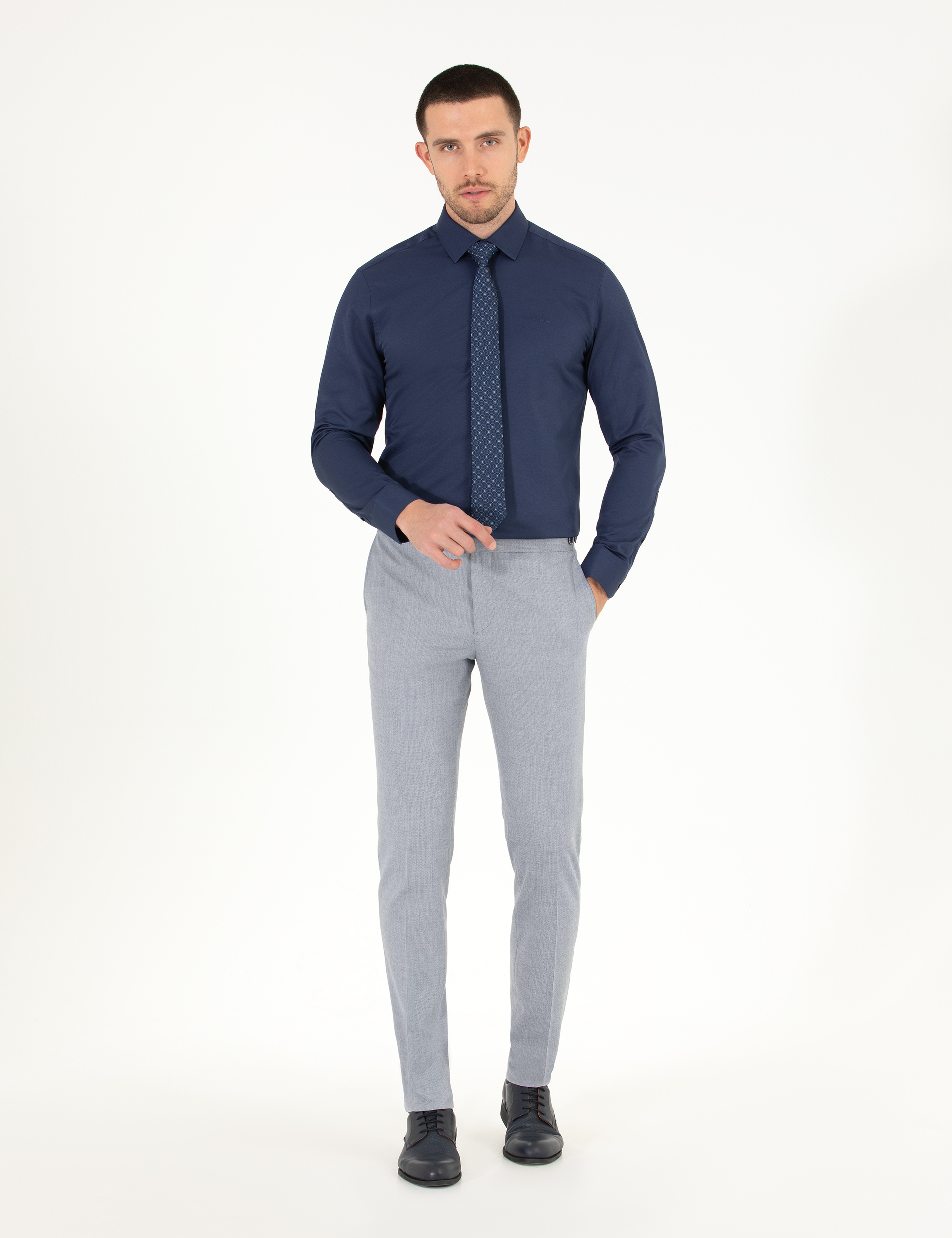 Lacivert Slim Fit Uzun Kollu Klasik Gömlek - Image 4