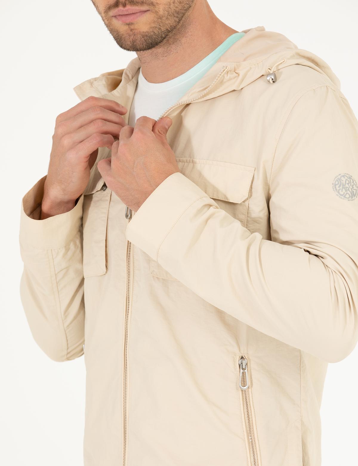 Ekru Kapüşonlu Mevsimlik Mont - 50264599007