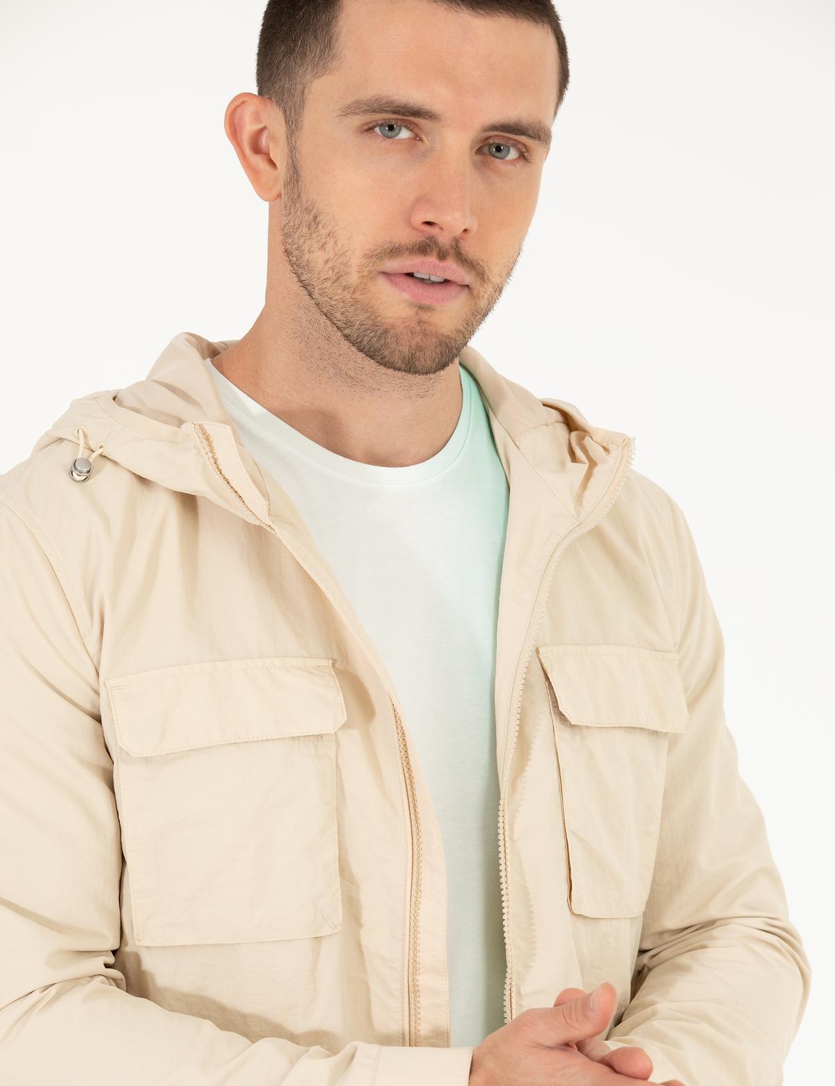 Ekru Kapüşonlu Mevsimlik Mont - 50264599007