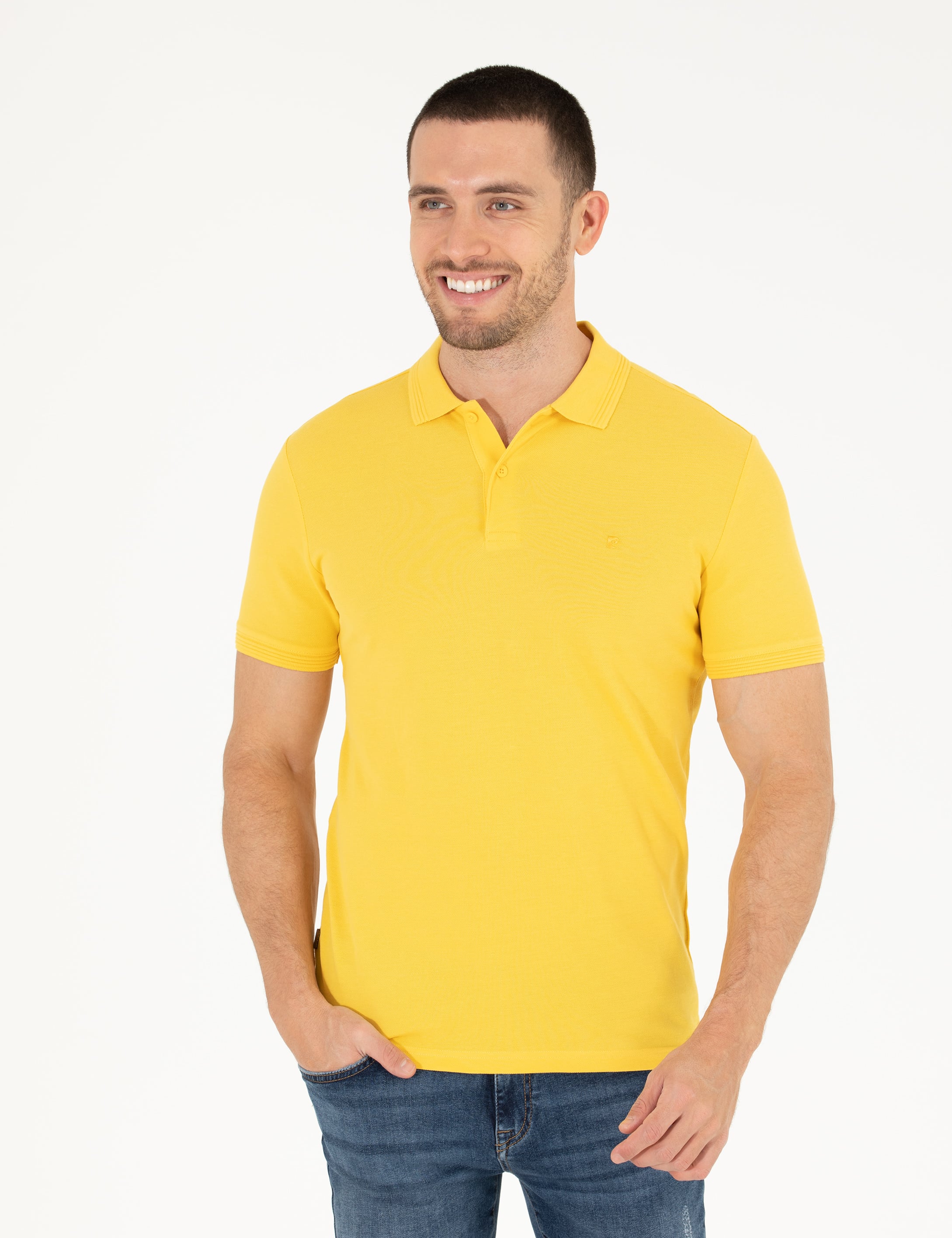 Sarı Slim Fit Polo Yaka Basic Tişört - Image 1