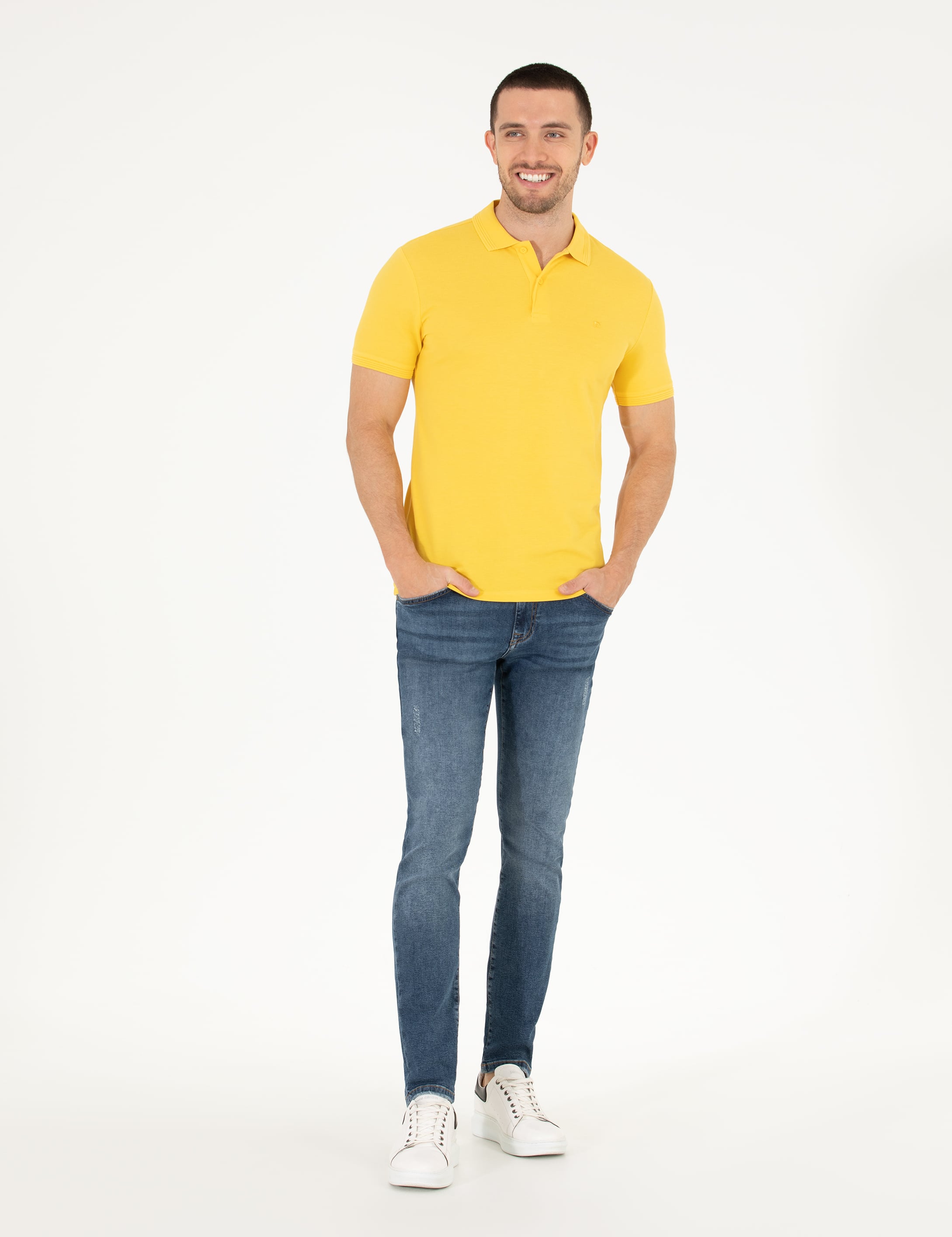 Sarı Slim Fit Polo Yaka Basic Tişört - Image 4