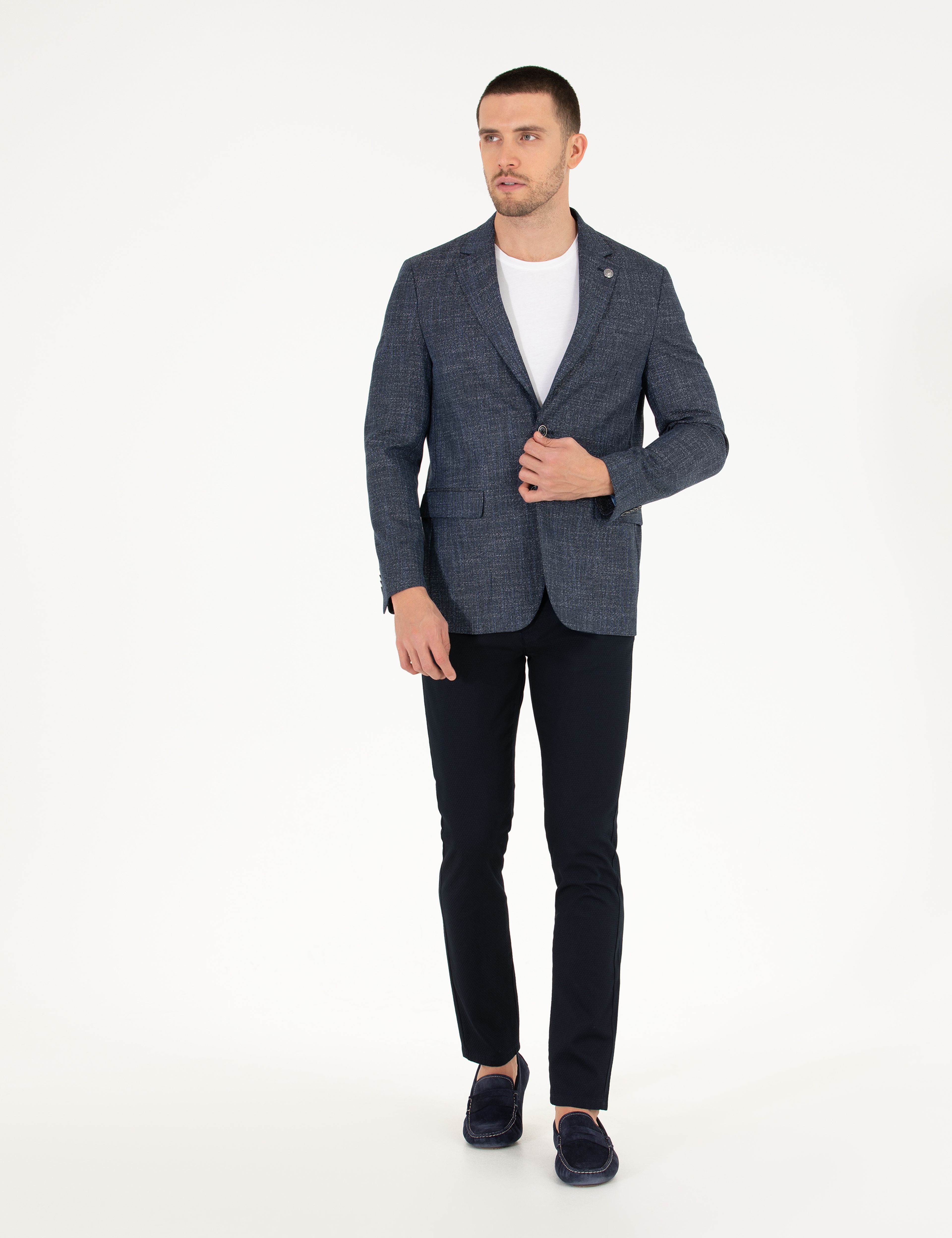 Lacivert Armürlü Slim Fit Chino Pantolon - Image 3