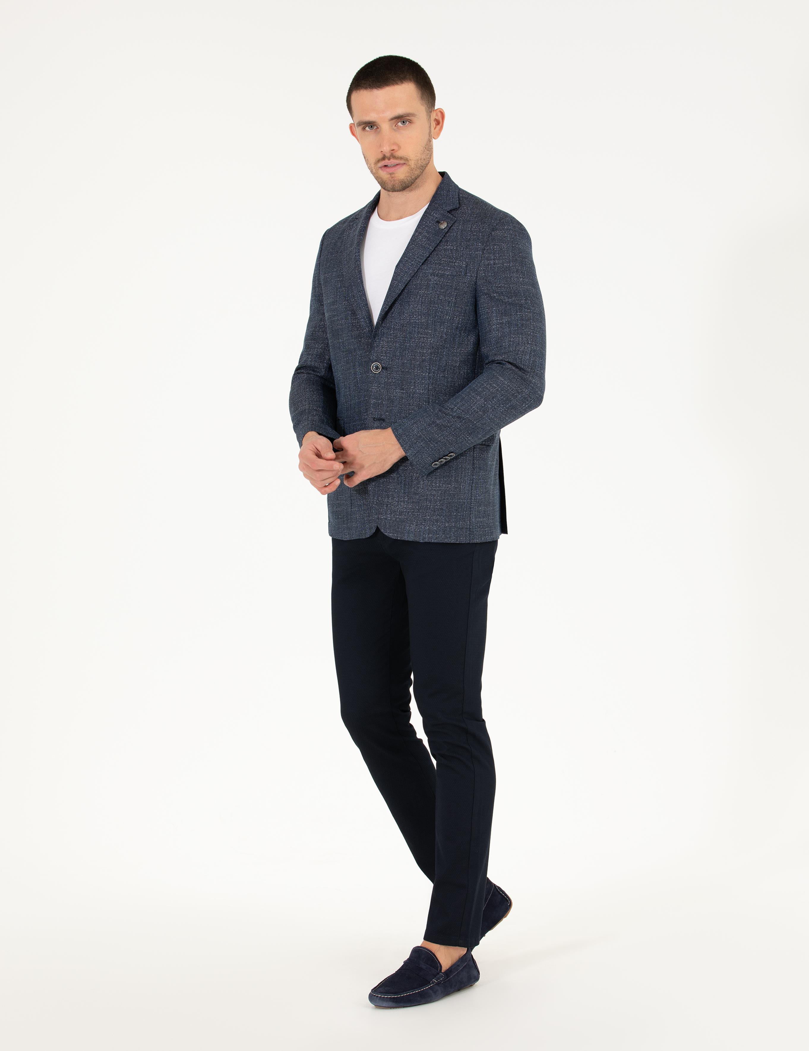 Lacivert Armürlü Slim Fit Chino Pantolon