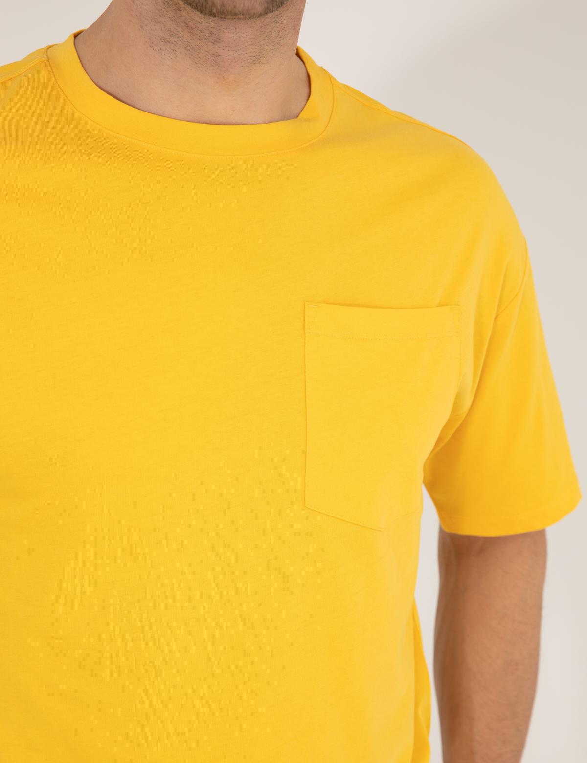 Sarı Regular Fit Düz Cepli Bisiklet Yaka Tişört - 50270489043