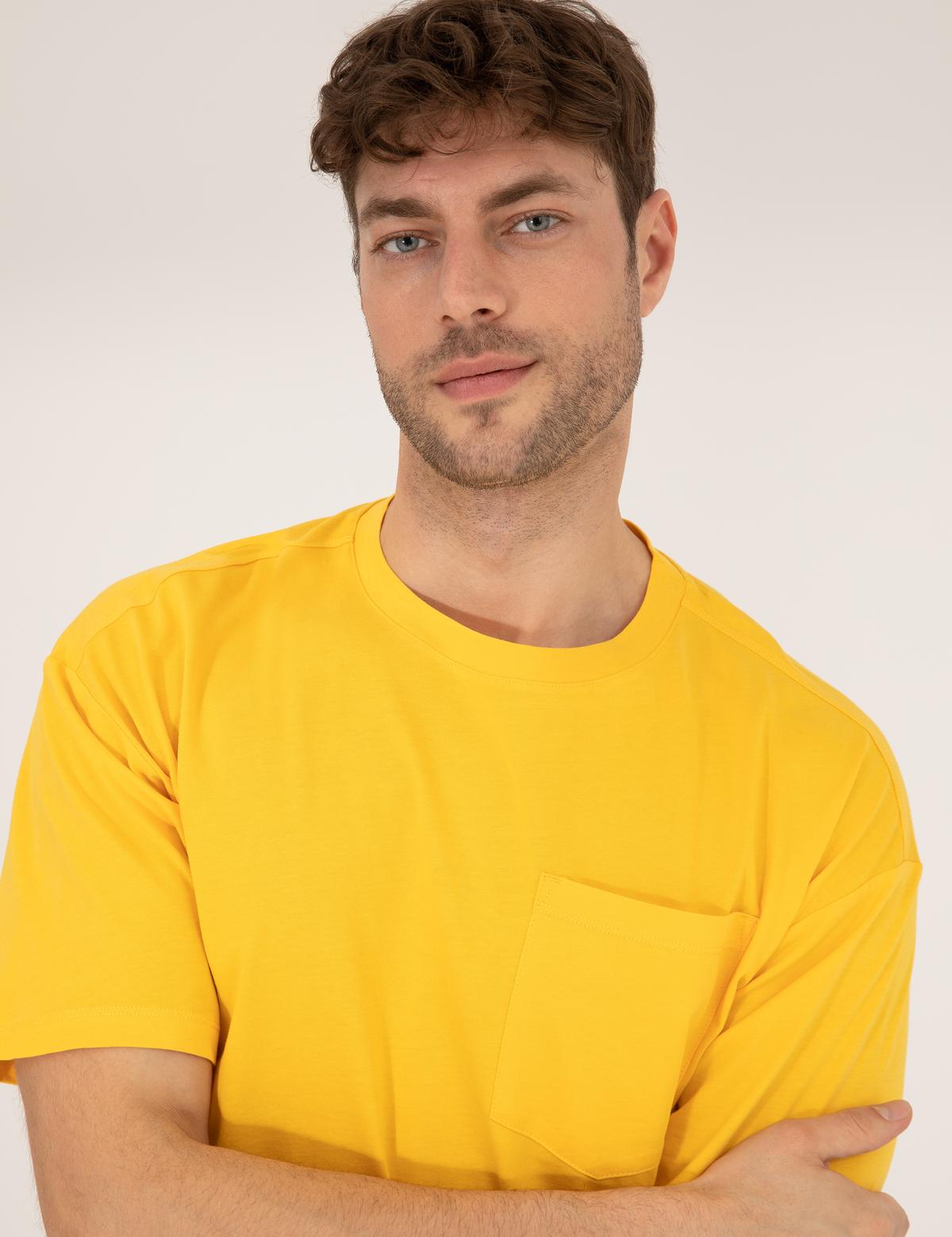 Sarı Regular Fit Düz Cepli Bisiklet Yaka Tişört - 50270489043