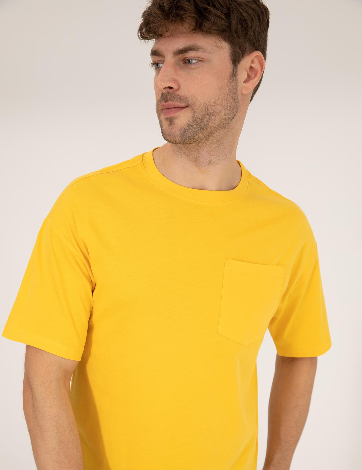 Sarı Regular Fit Düz Cepli Bisiklet Yaka Tişört - 50270489043