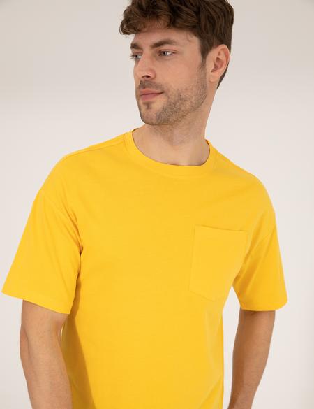 Sarı Regular Fit Düz Cepli Bisiklet Yaka Tişört - 50270489043