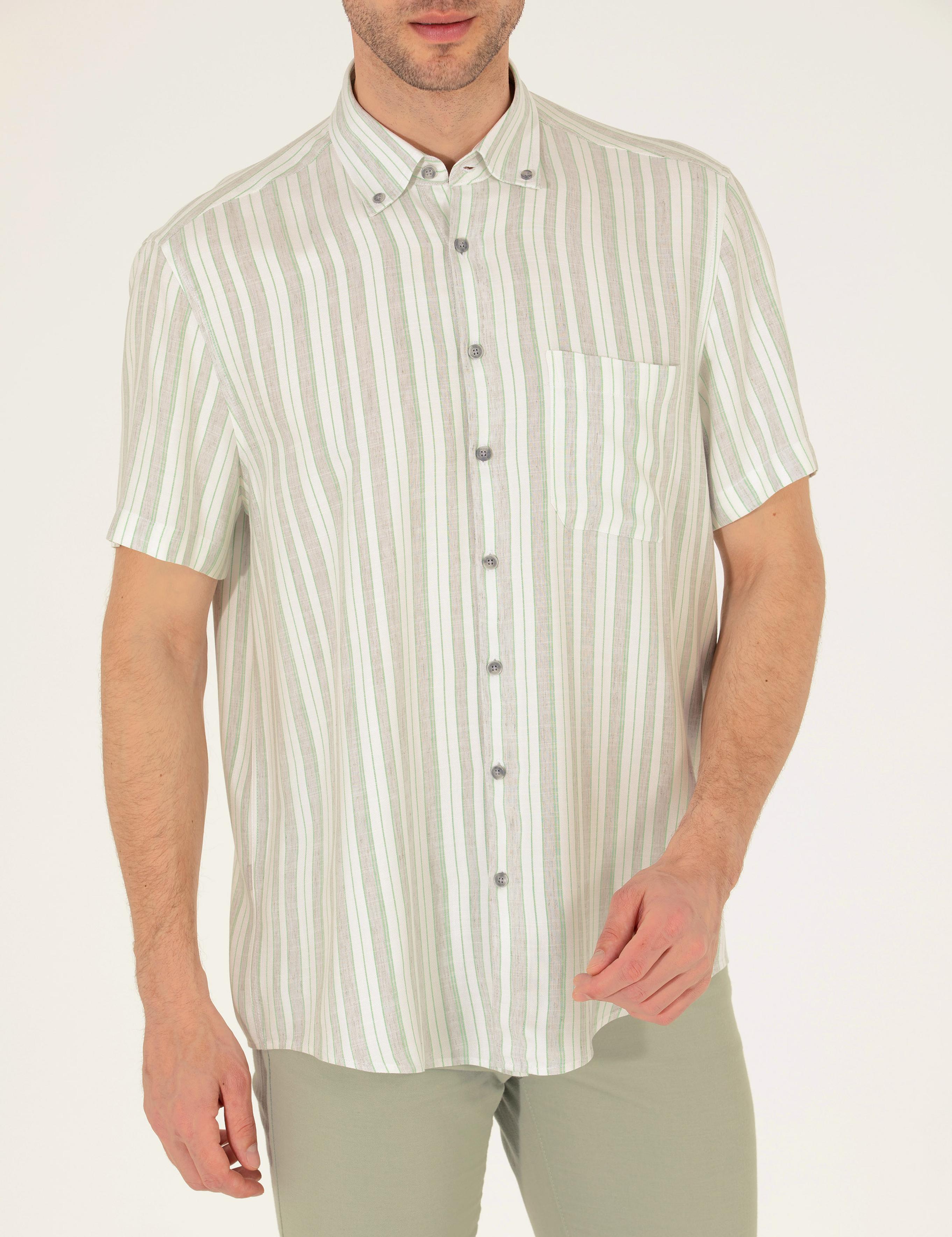 Açık Yeşil Keten Karışımlı Comfort Fit Kısa Kollu Gömlek