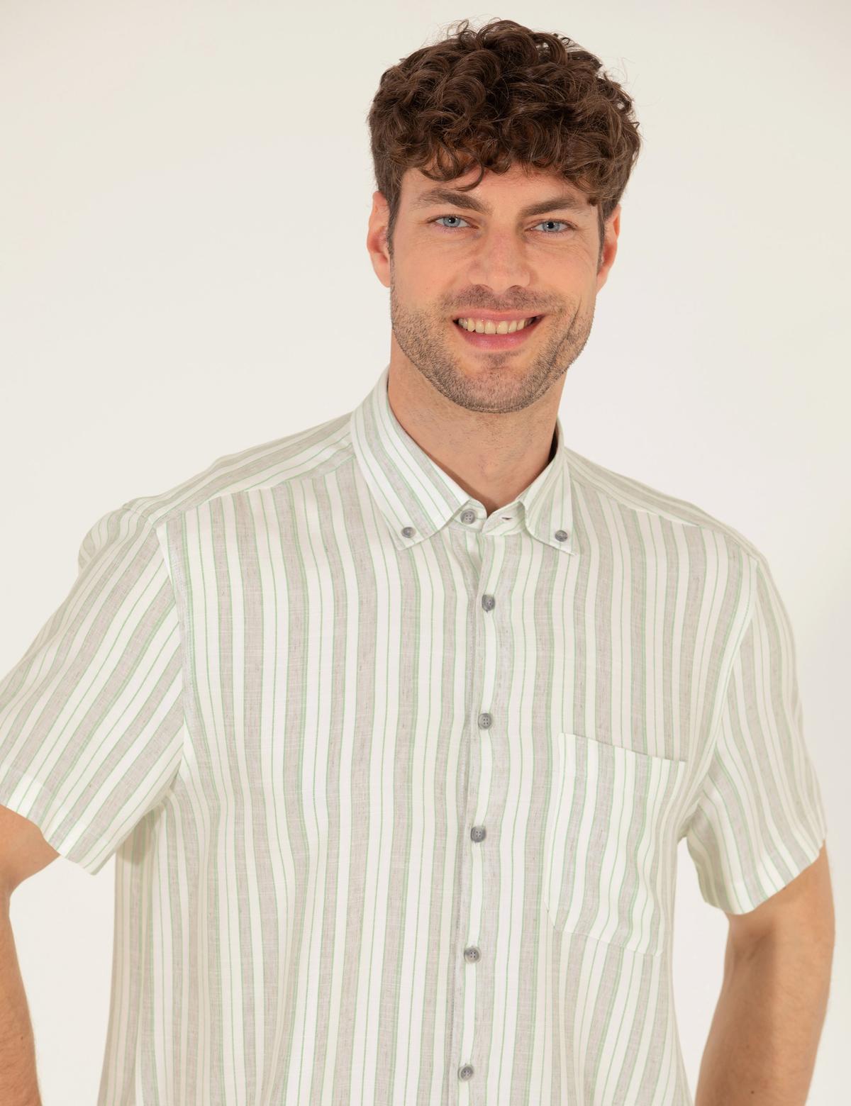 Açık Yeşil Keten Karışımlı Comfort Fit Kısa Kollu Gömlek - 50269432018