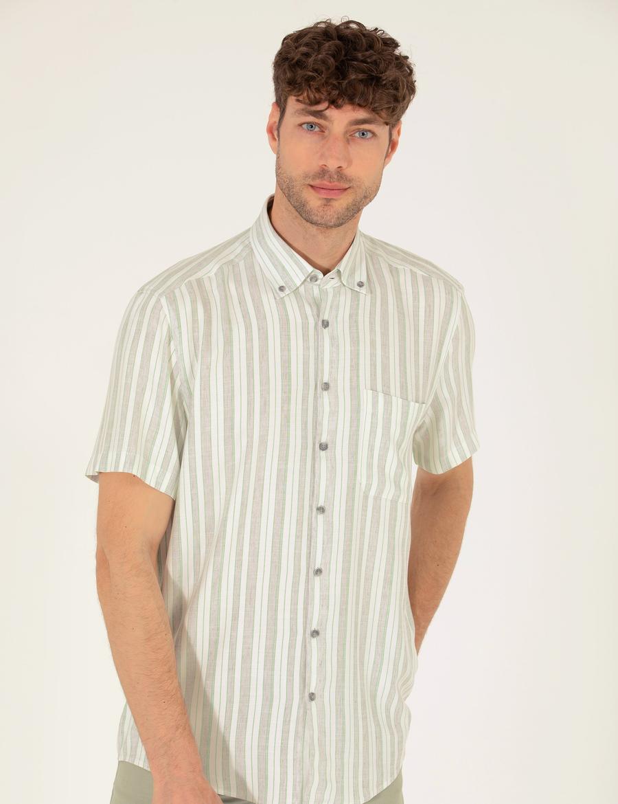 Açık Yeşil Keten Karışımlı Comfort Fit Kısa Kollu Gömlek