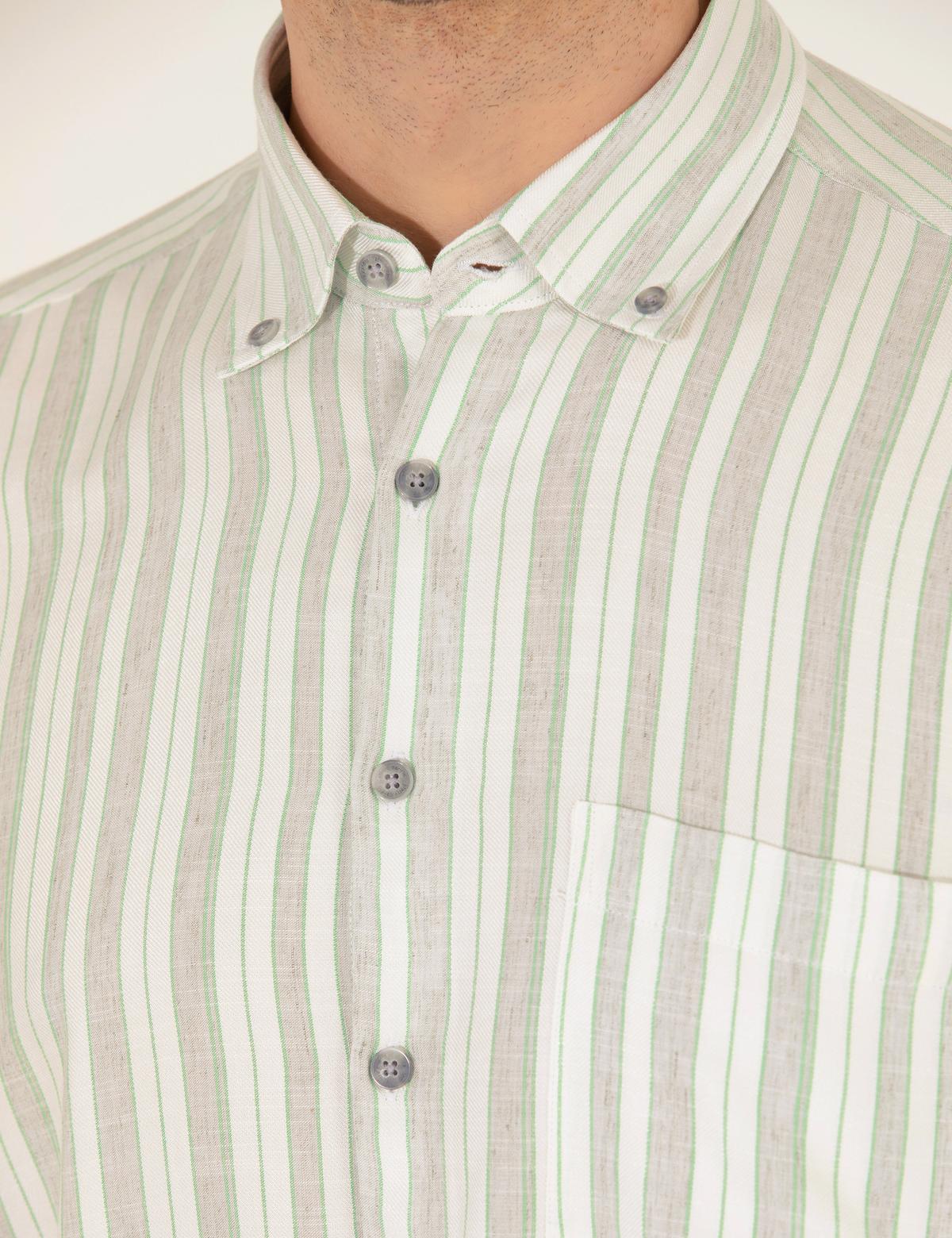 Açık Yeşil Keten Karışımlı Comfort Fit Kısa Kollu Gömlek - 50269432018