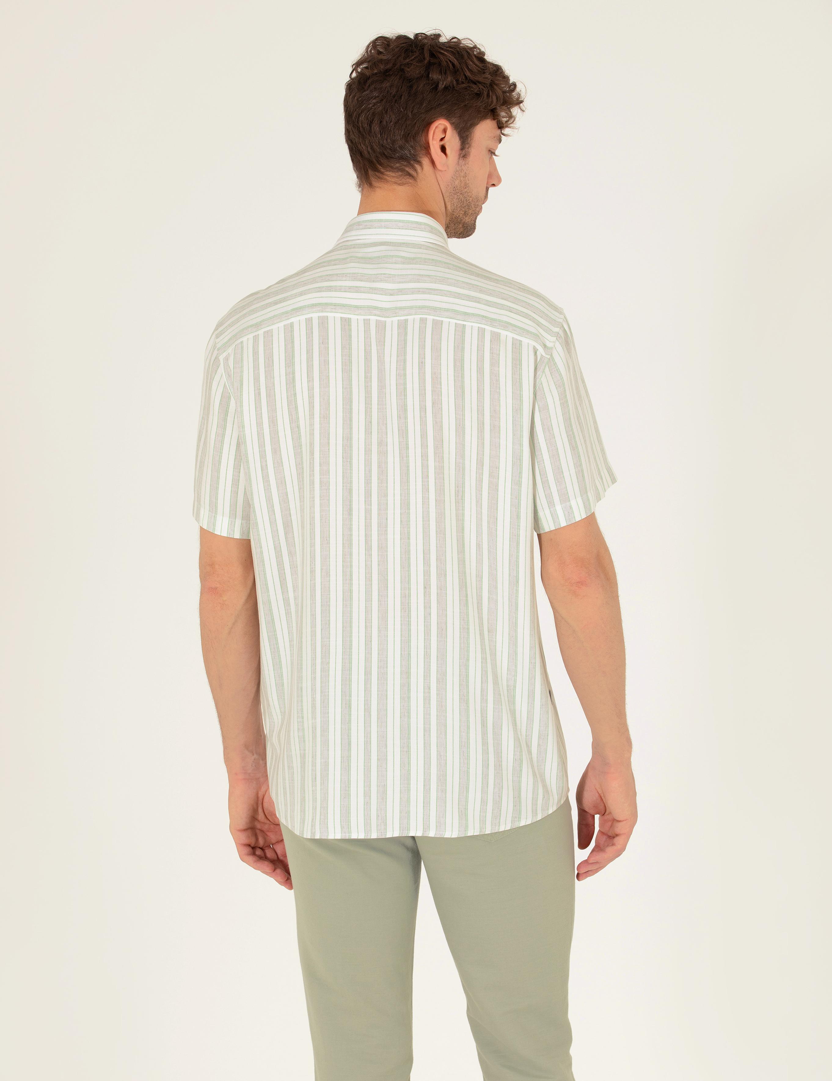 Açık Yeşil Keten Karışımlı Comfort Fit Kısa Kollu Gömlek