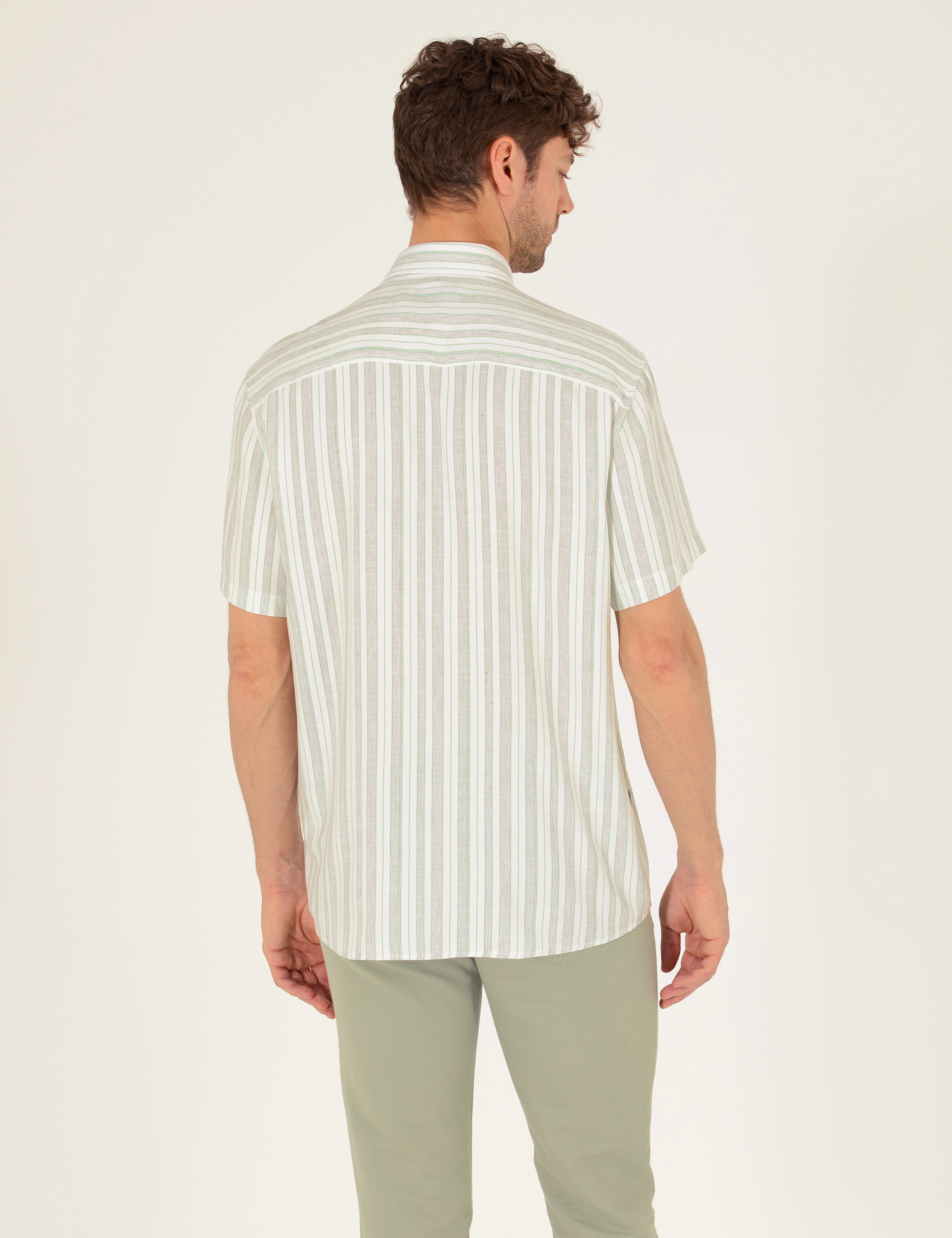 Açık Yeşil Keten Karışımlı Comfort Fit Kısa Kollu Gömlek - Image 5