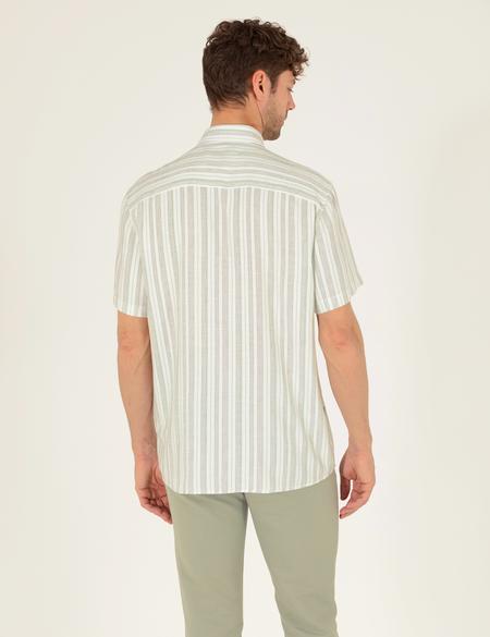 Açık Yeşil Keten Karışımlı Comfort Fit Kısa Kollu Gömlek - 50269432018