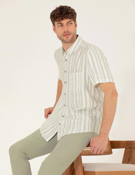 Açık Yeşil Keten Karışımlı Comfort Fit Kısa Kollu Gömlek - 50269432018