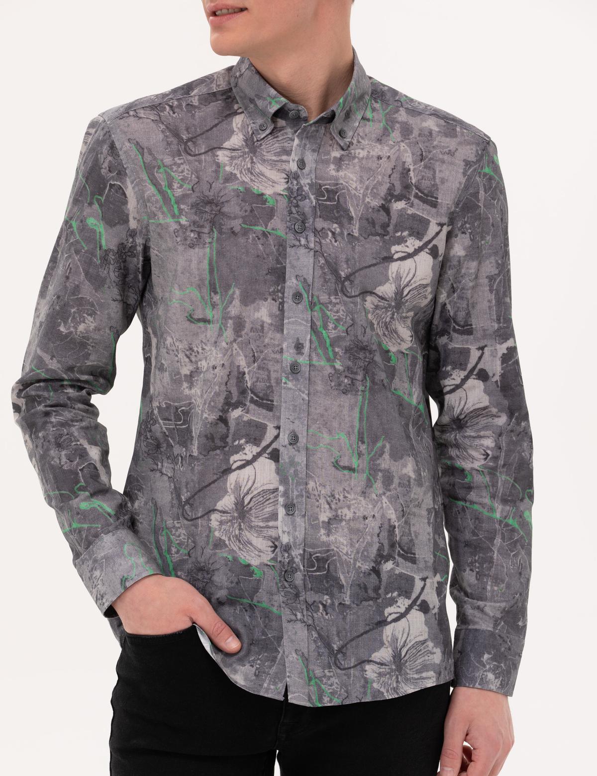 Gri Slim Fit Uzun Kollu Gömlek - 50266599033