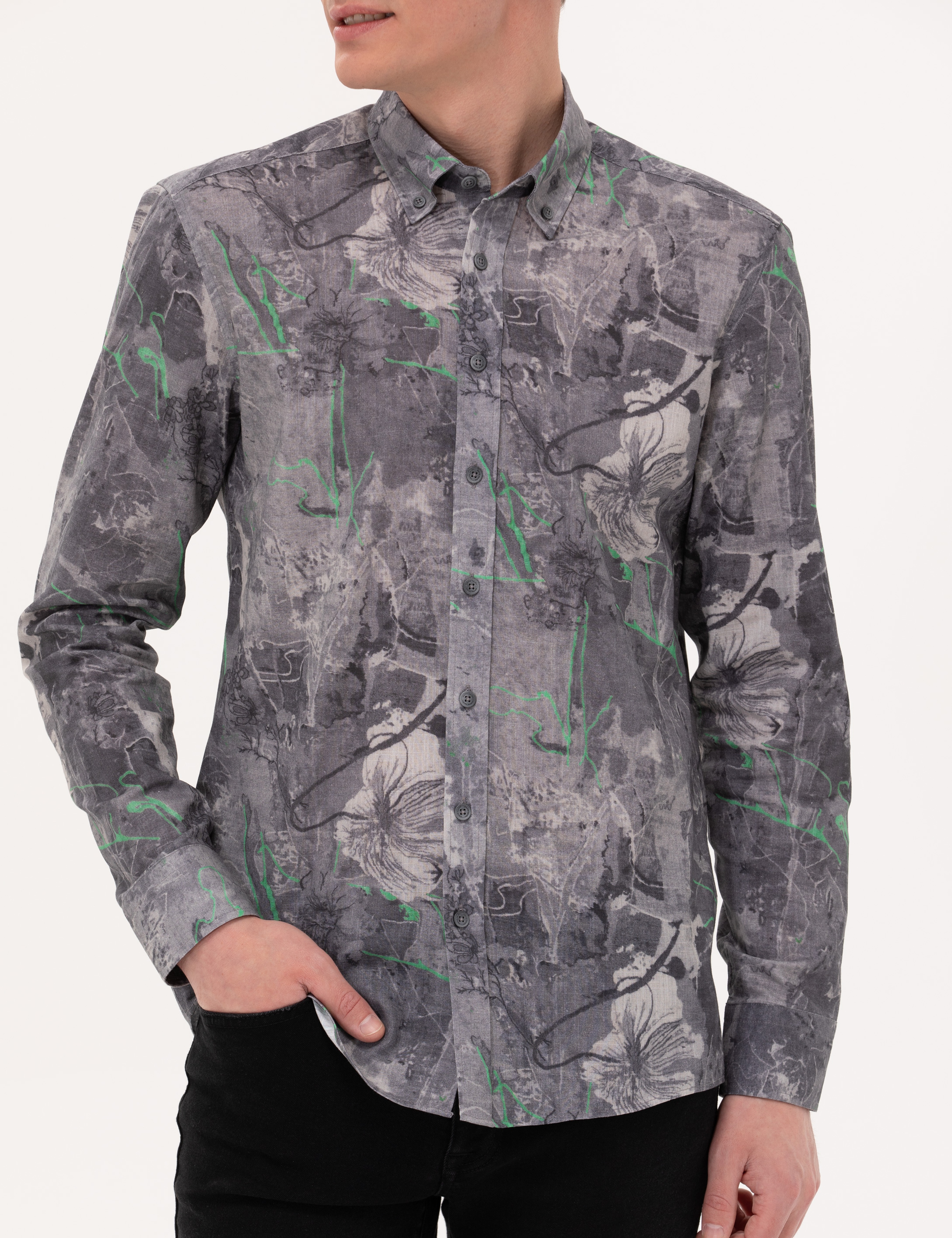 Gri Slim Fit Uzun Kollu Gömlek - Image 6
