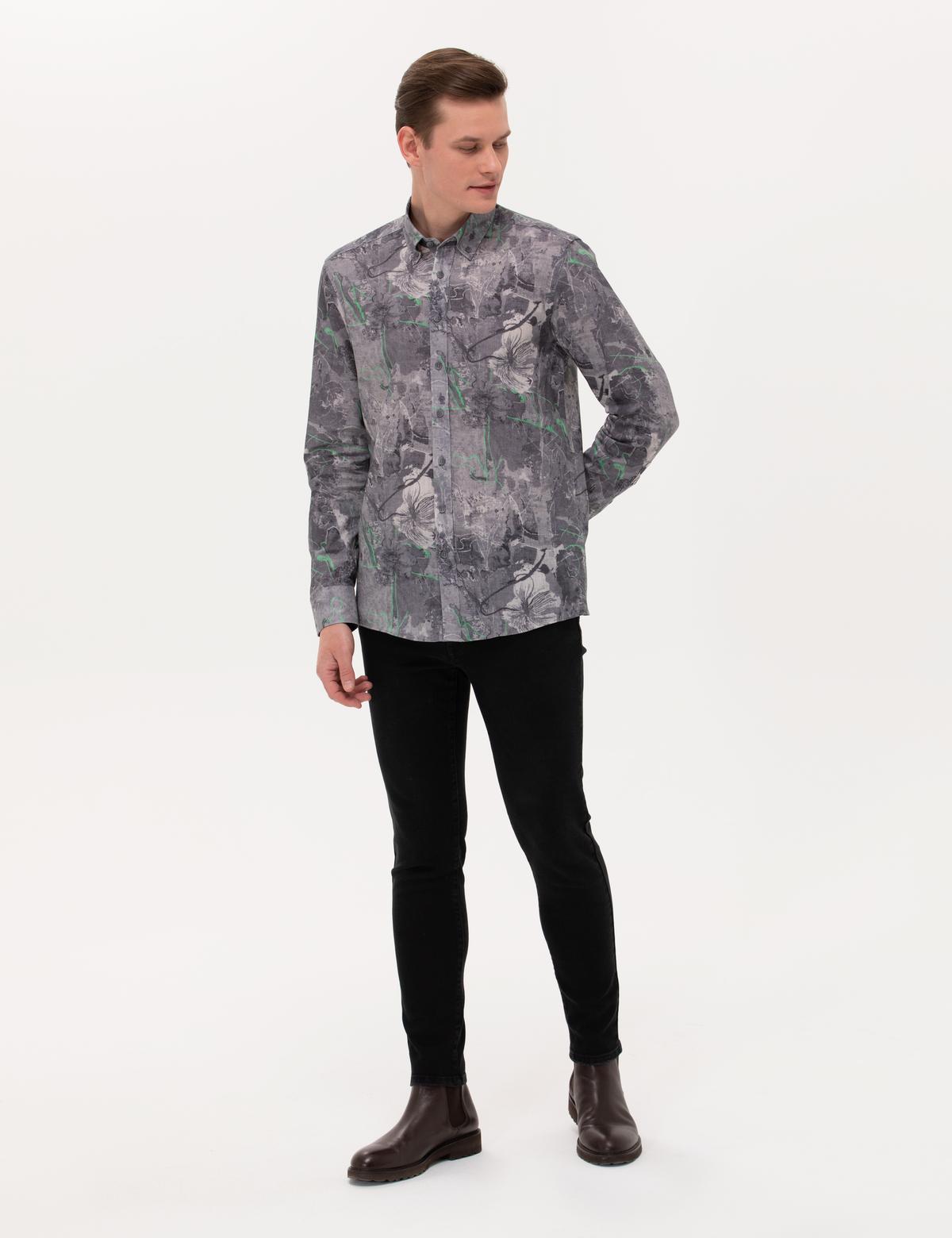 Gri Slim Fit Uzun Kollu Gömlek - 50266599033