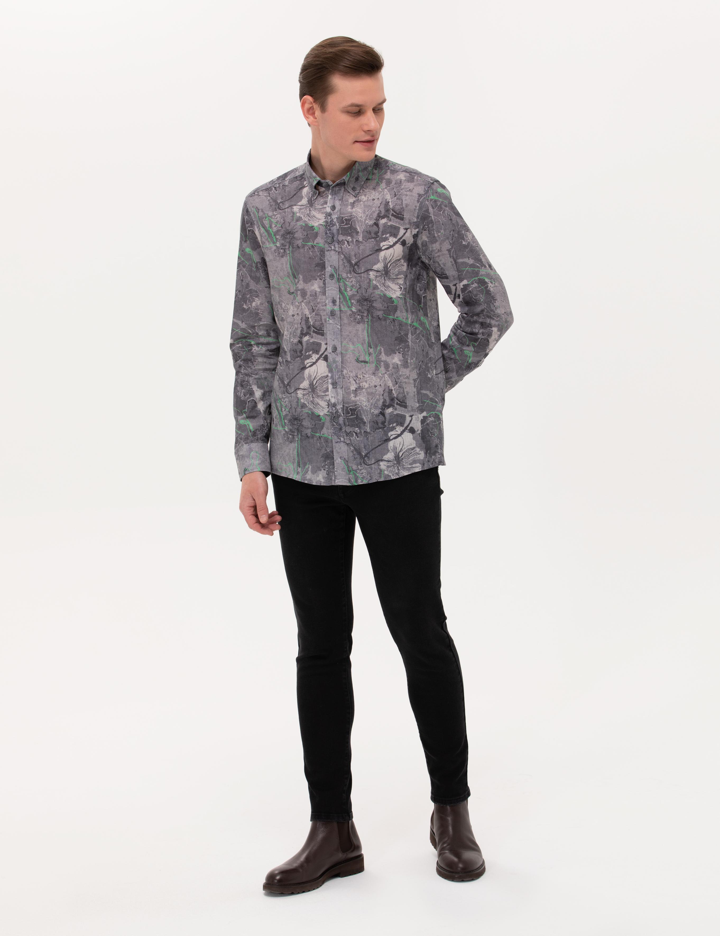 Gri Slim Fit Uzun Kollu Gömlek