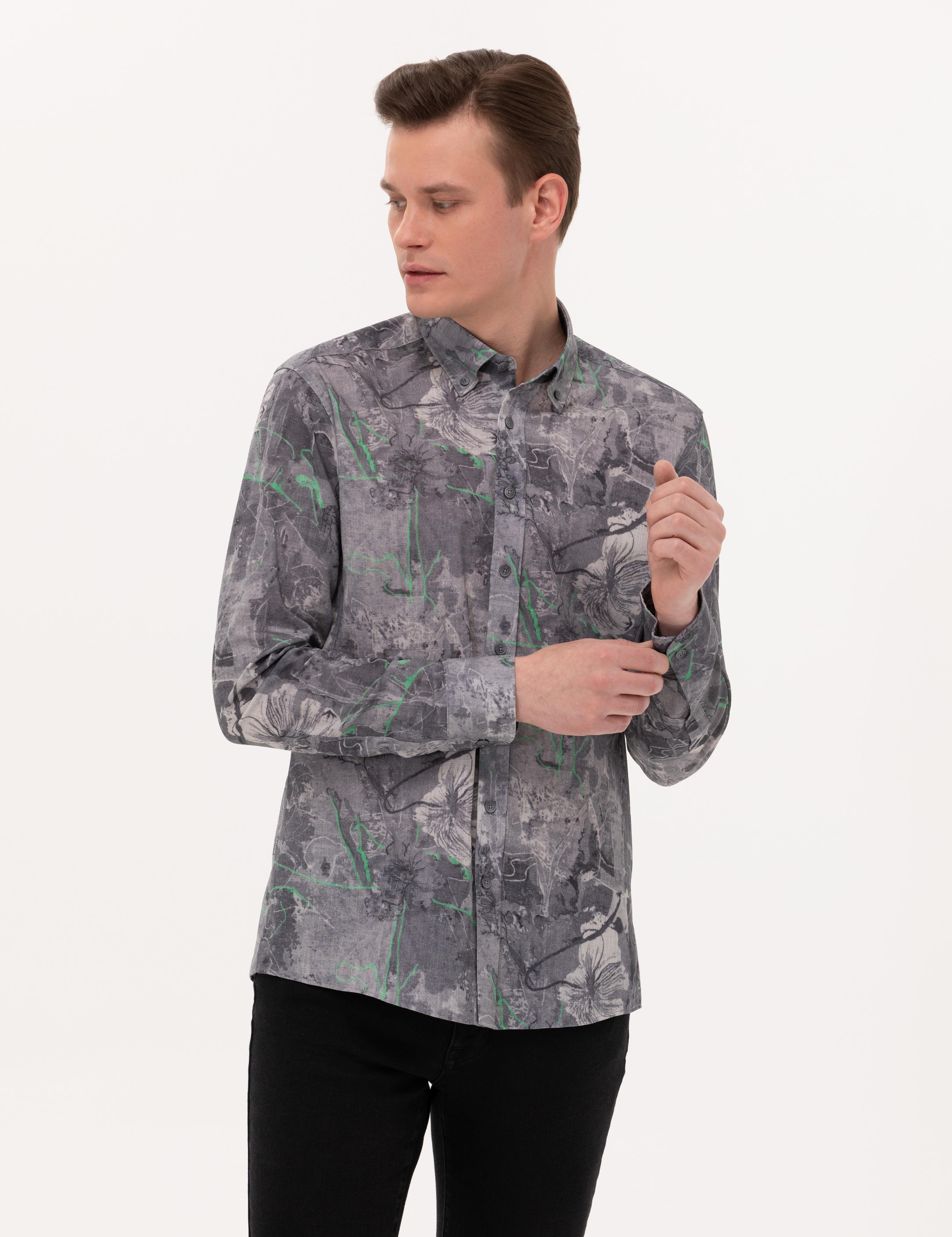 Gri Slim Fit Uzun Kollu Gömlek