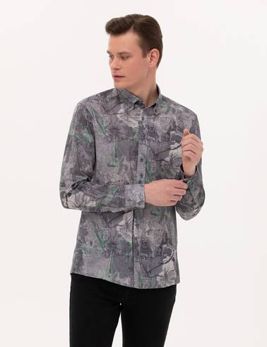 Gri Slim Fit Uzun Kollu Gömlek