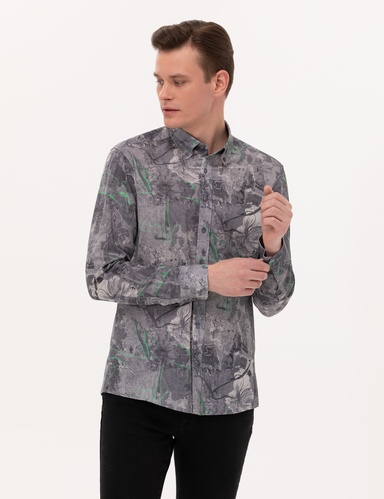 Gri Slim Fit Uzun Kollu Gömlek