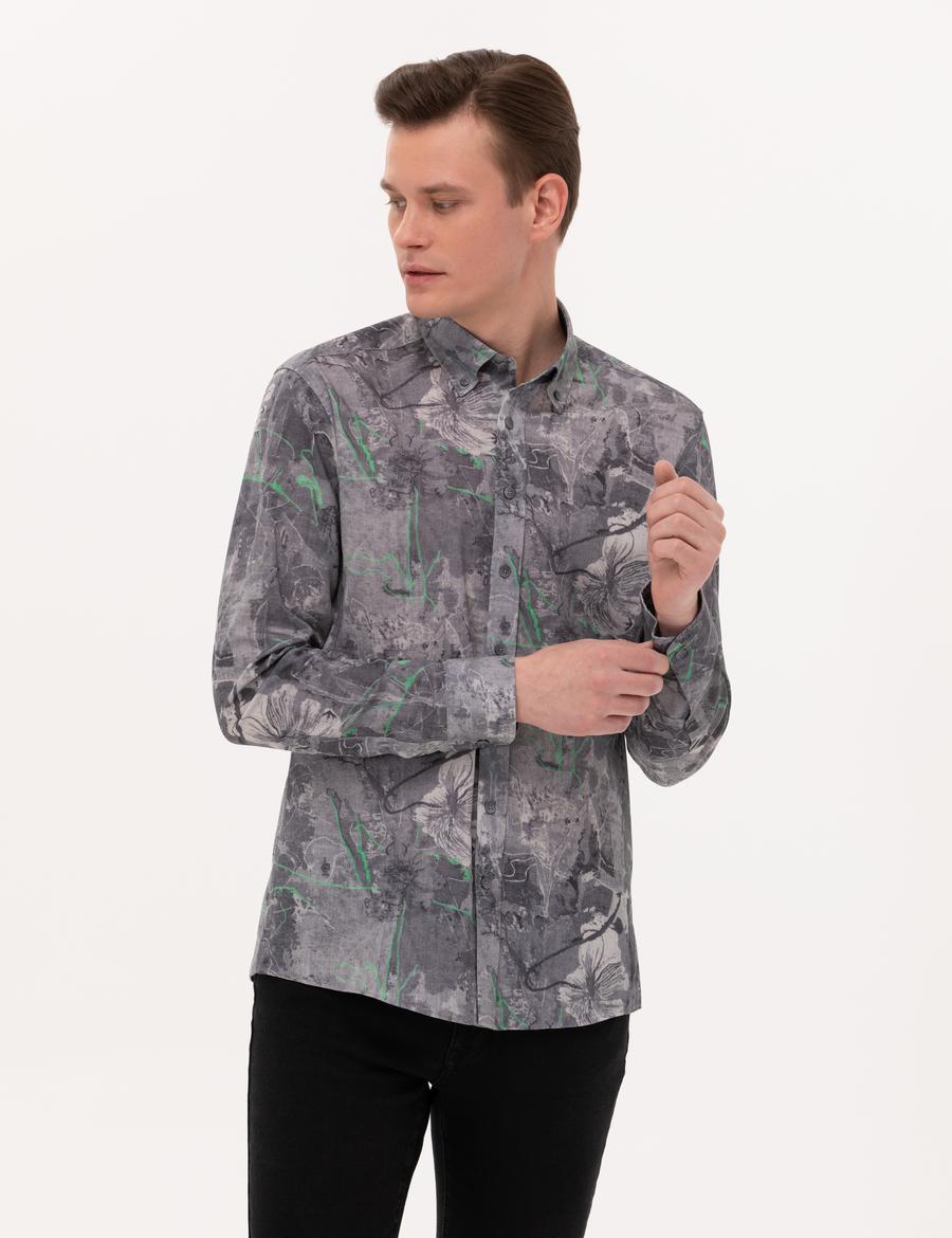 Gri Slim Fit Uzun Kollu Gömlek