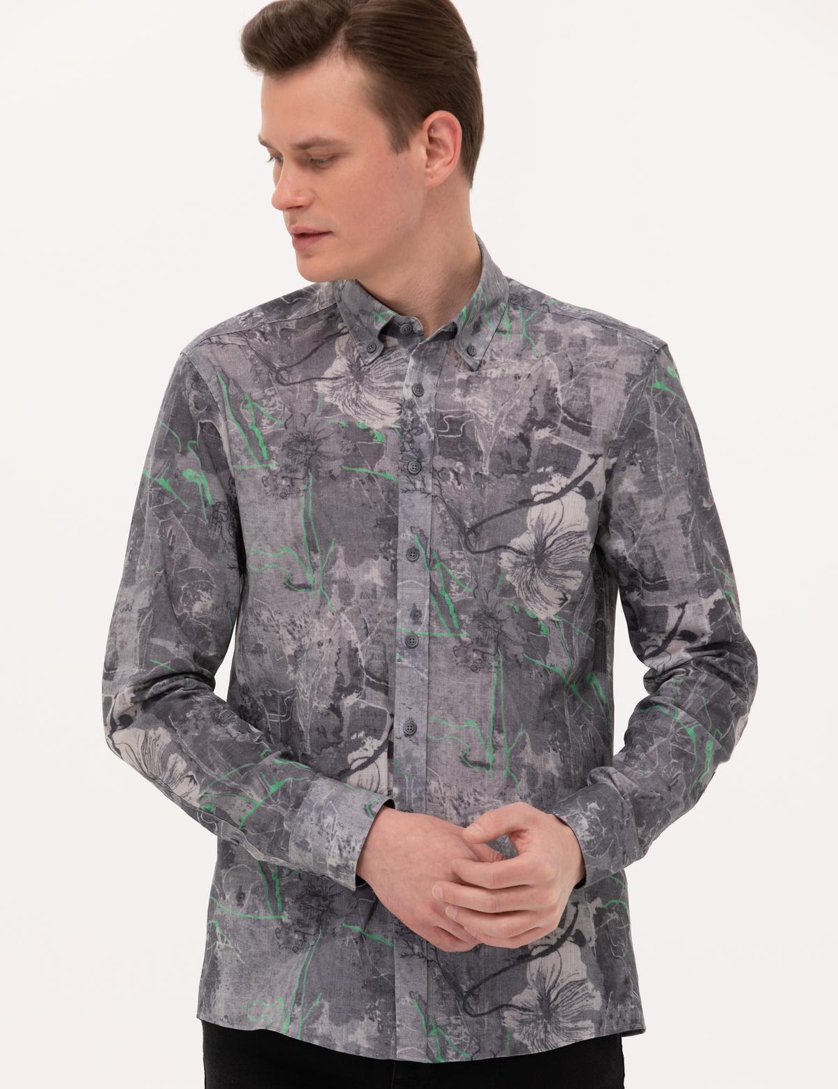 Gri Slim Fit Uzun Kollu Gömlek - 50266599033