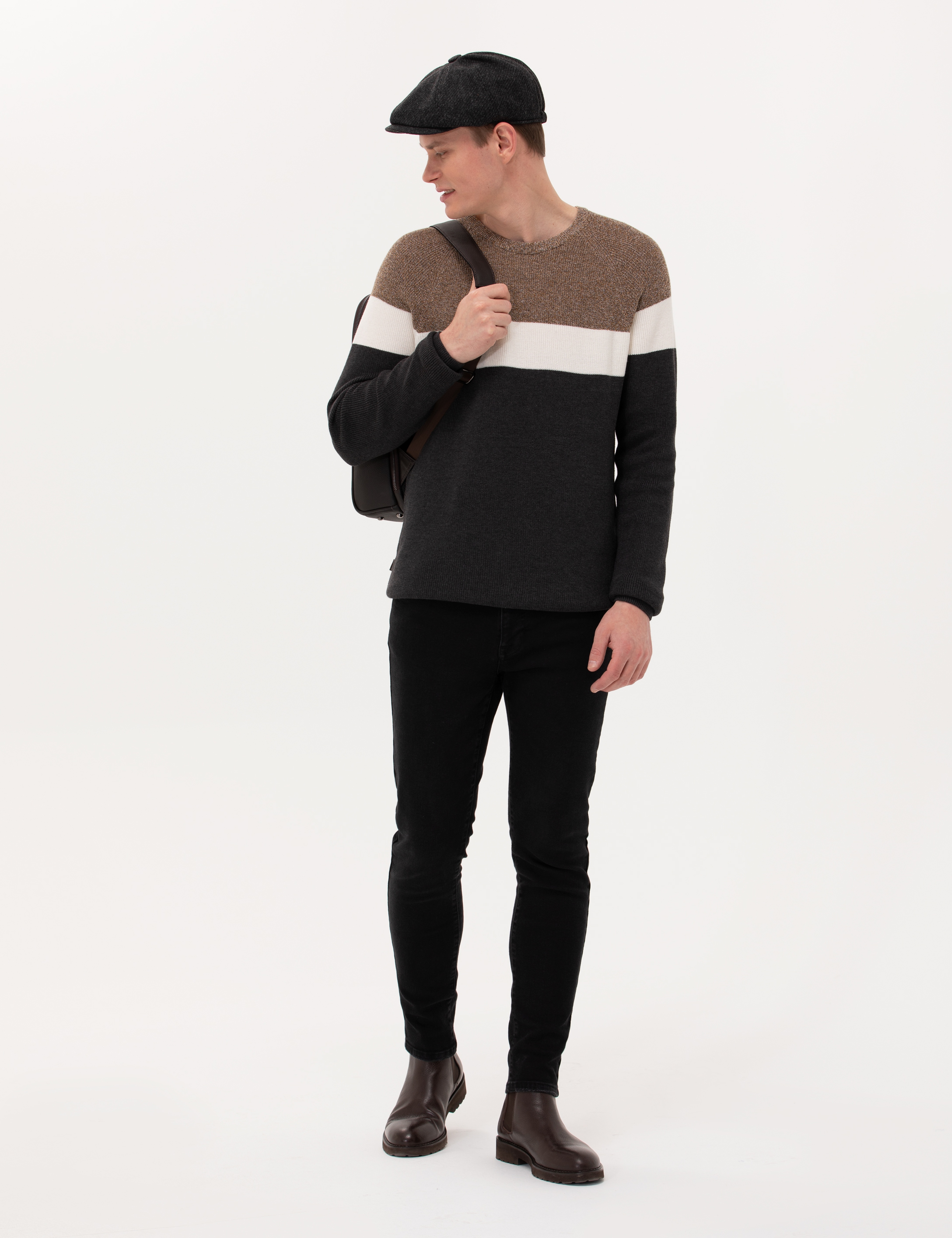 Kahverengi Slim Fit Bisiklet Yaka Triko Kazak