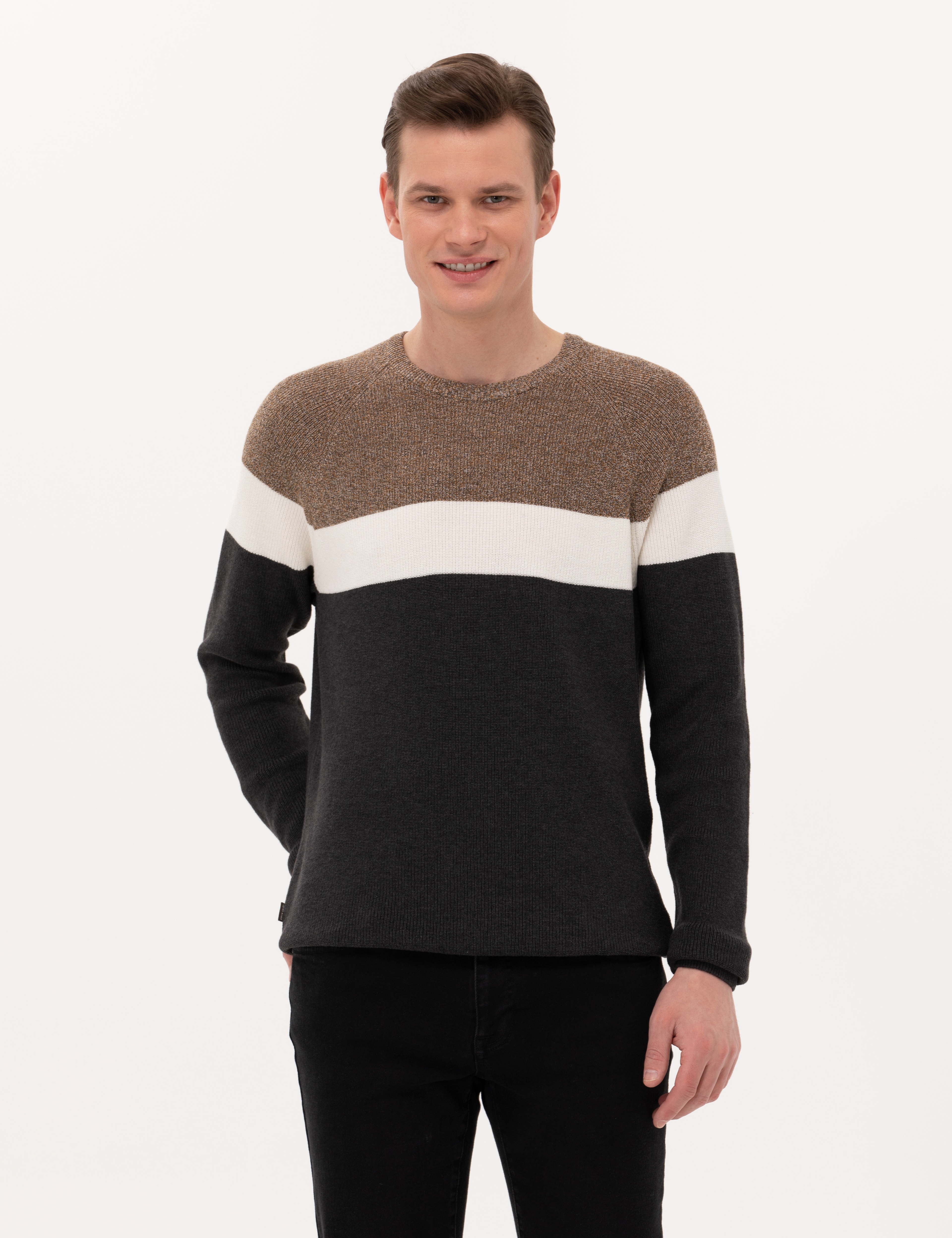 Kahverengi Slim Fit Bisiklet Yaka Triko Kazak