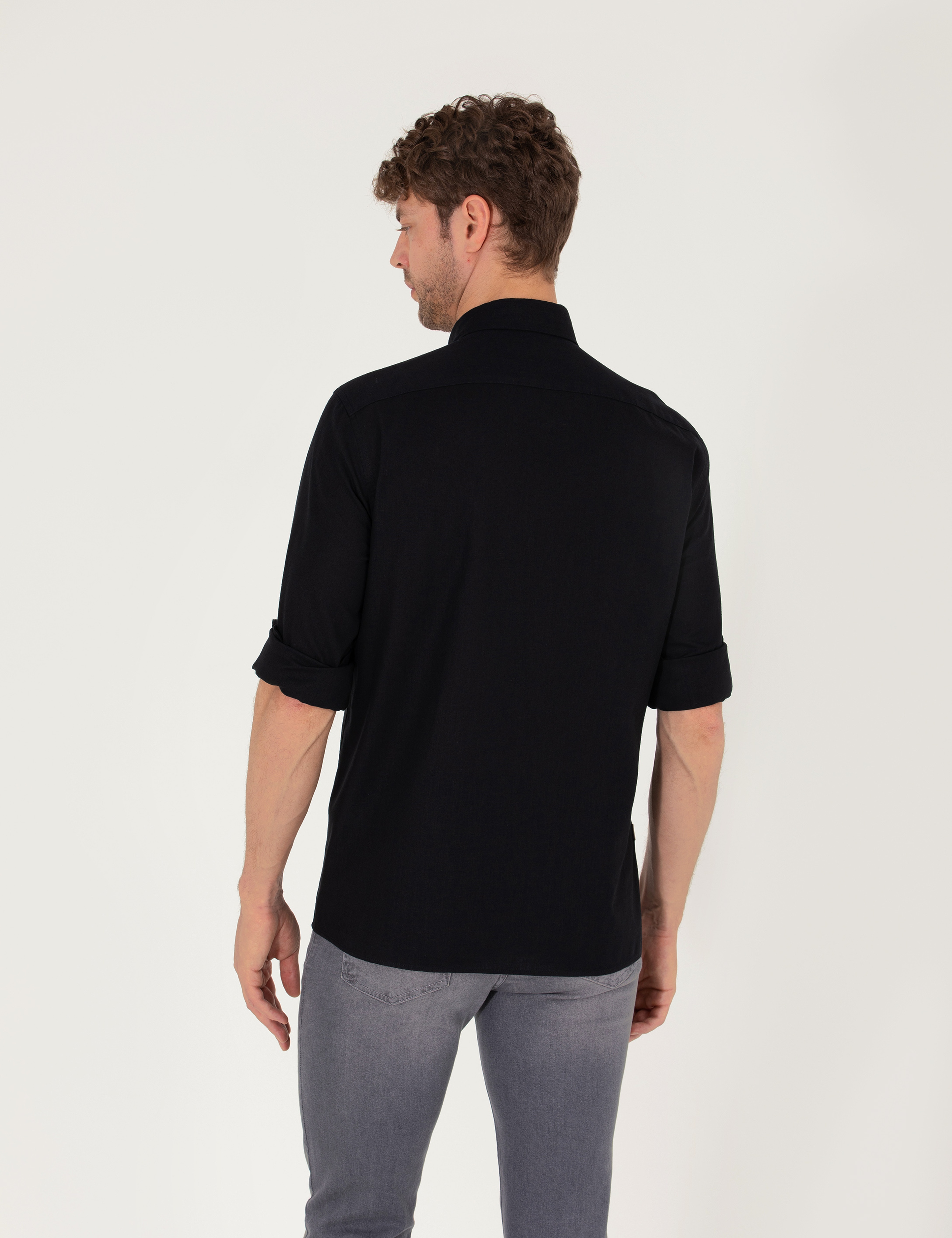 Siyah Regular Fit Uzun Kollu Gömlek - Image 5