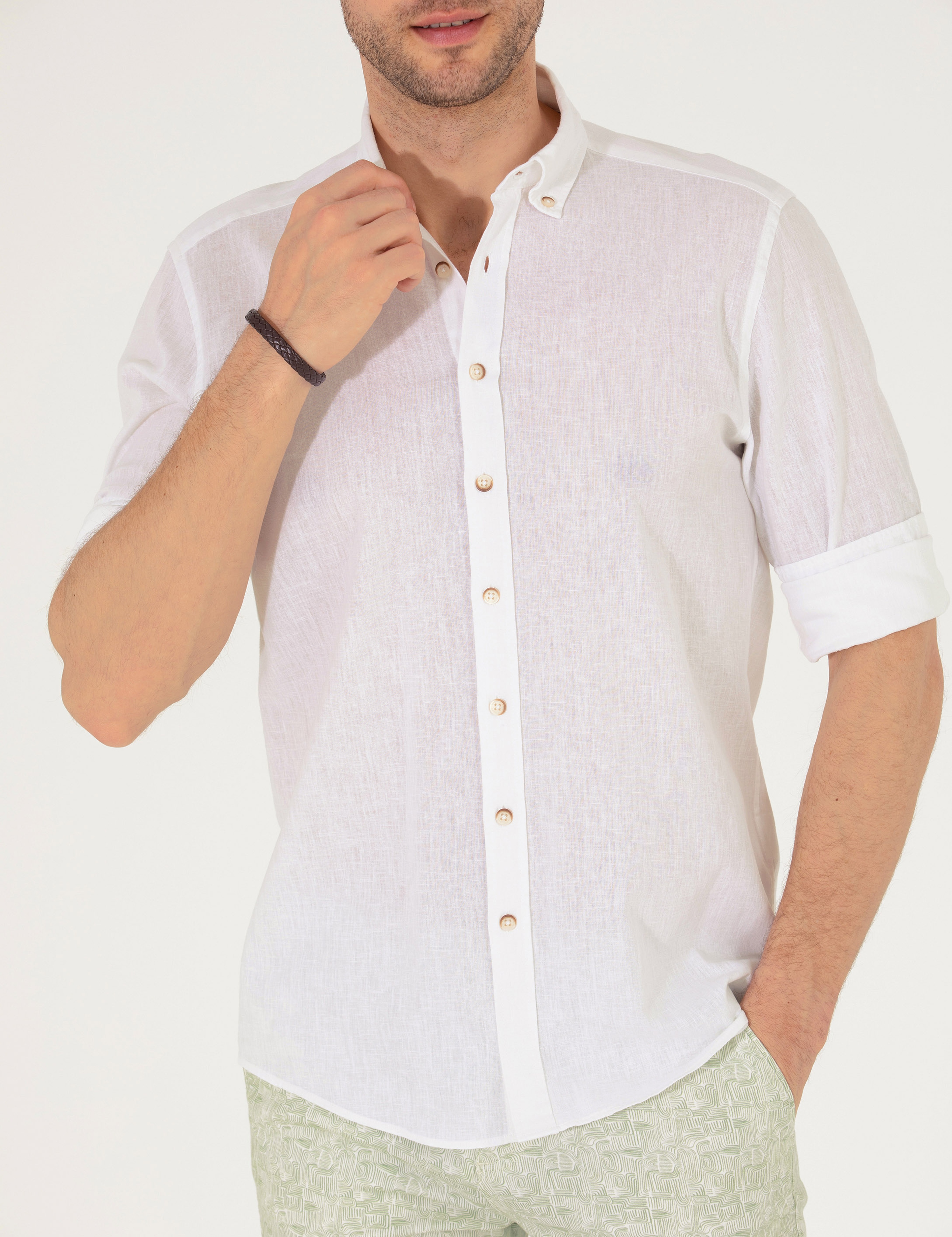Beyaz Regular Fit Uzun Kollu Gömlek - Image 6