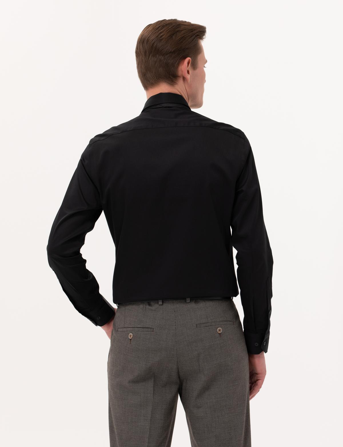 Siyah Parlak Saten Slim Fit Uzun Kollu Basic Gömlek - 50268201022