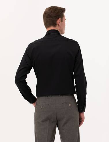 Siyah %100 Pamuk Parlak Saten Slim Fit Uzun Kollu Basic Gömlek