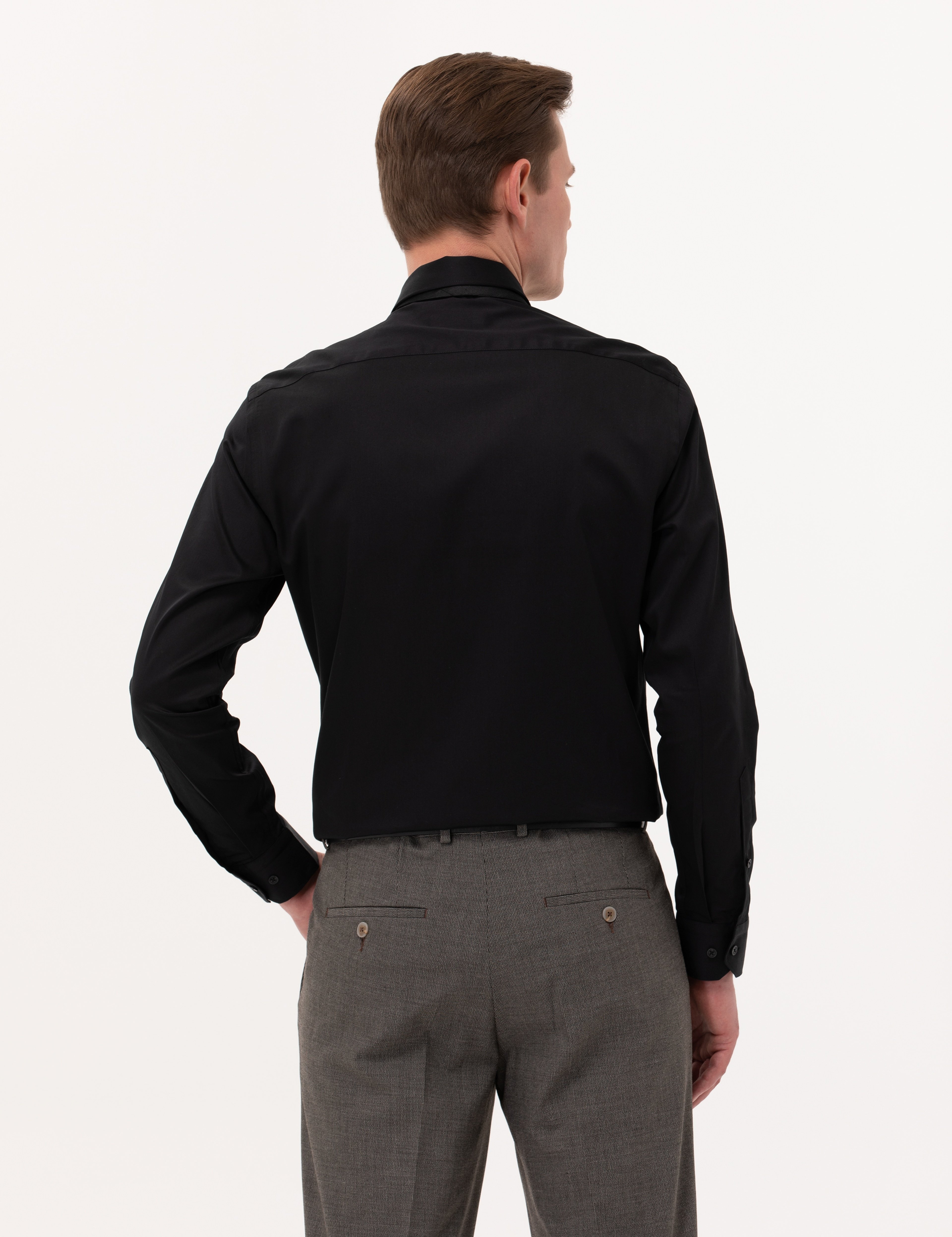Siyah %100 Pamuk Parlak Saten Slim Fit Uzun Kollu Basic Gömlek - Image 5