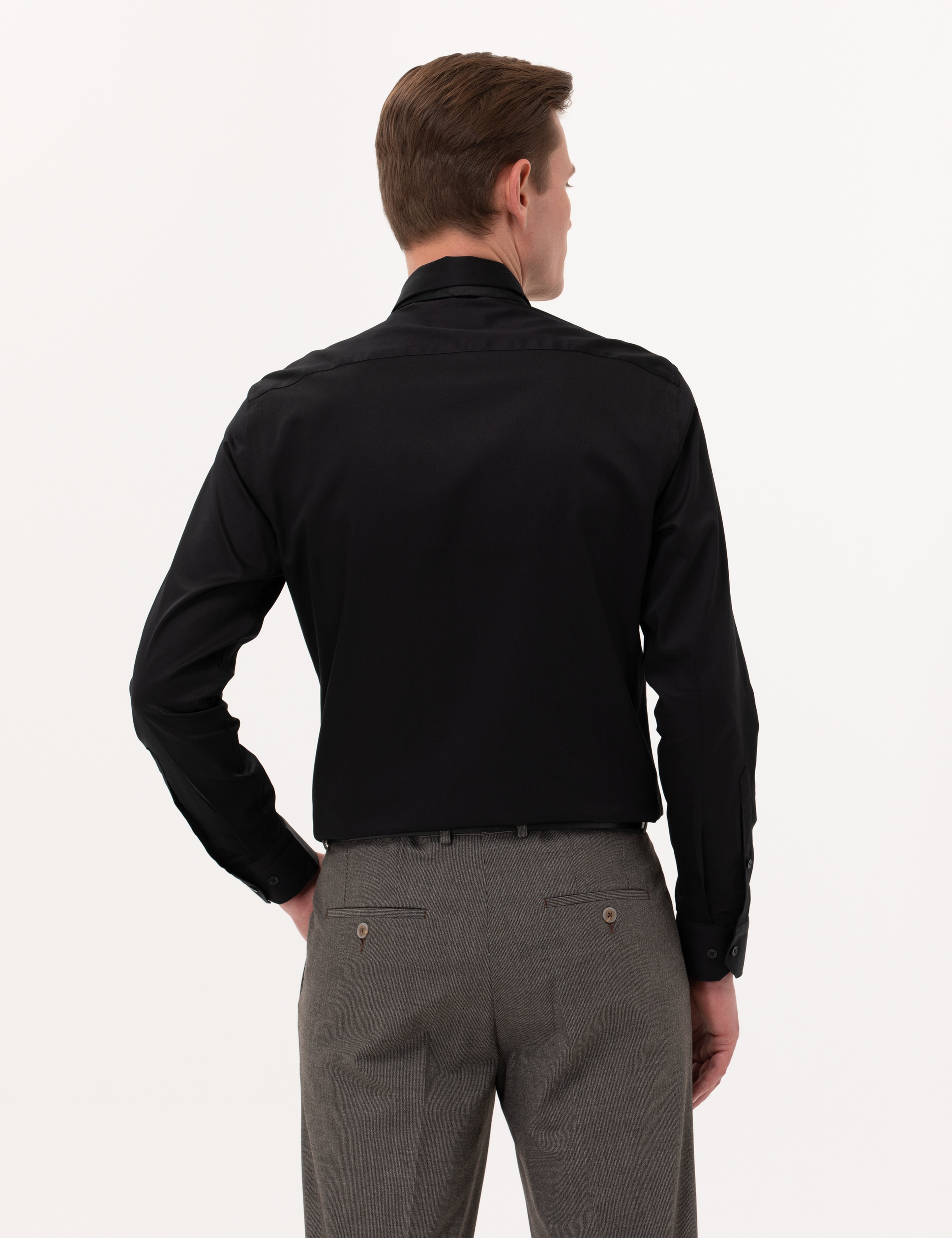Siyah %100 Pamuk Parlak Saten Slim Fit Uzun Kollu Basic Gömlek