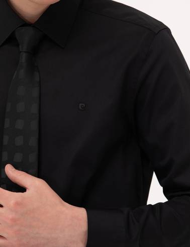 Siyah %100 Pamuk Parlak Saten Slim Fit Uzun Kollu Basic Gömlek